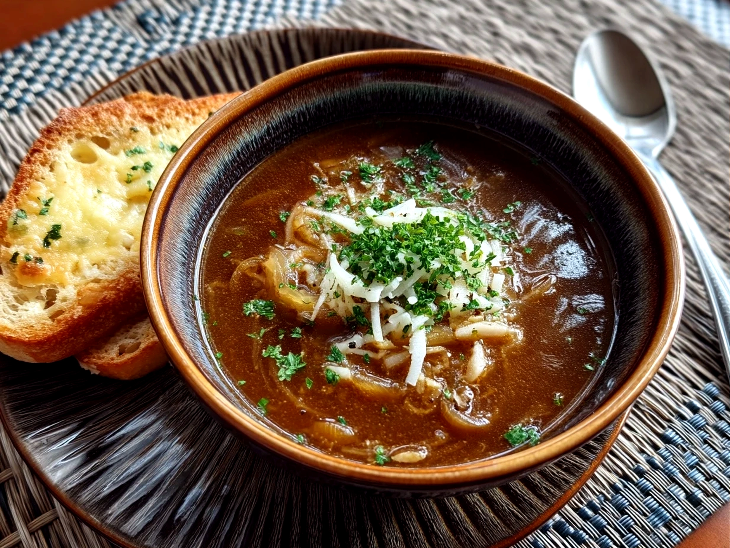 Serving Japanese Onion Soup in a bowl with garnish