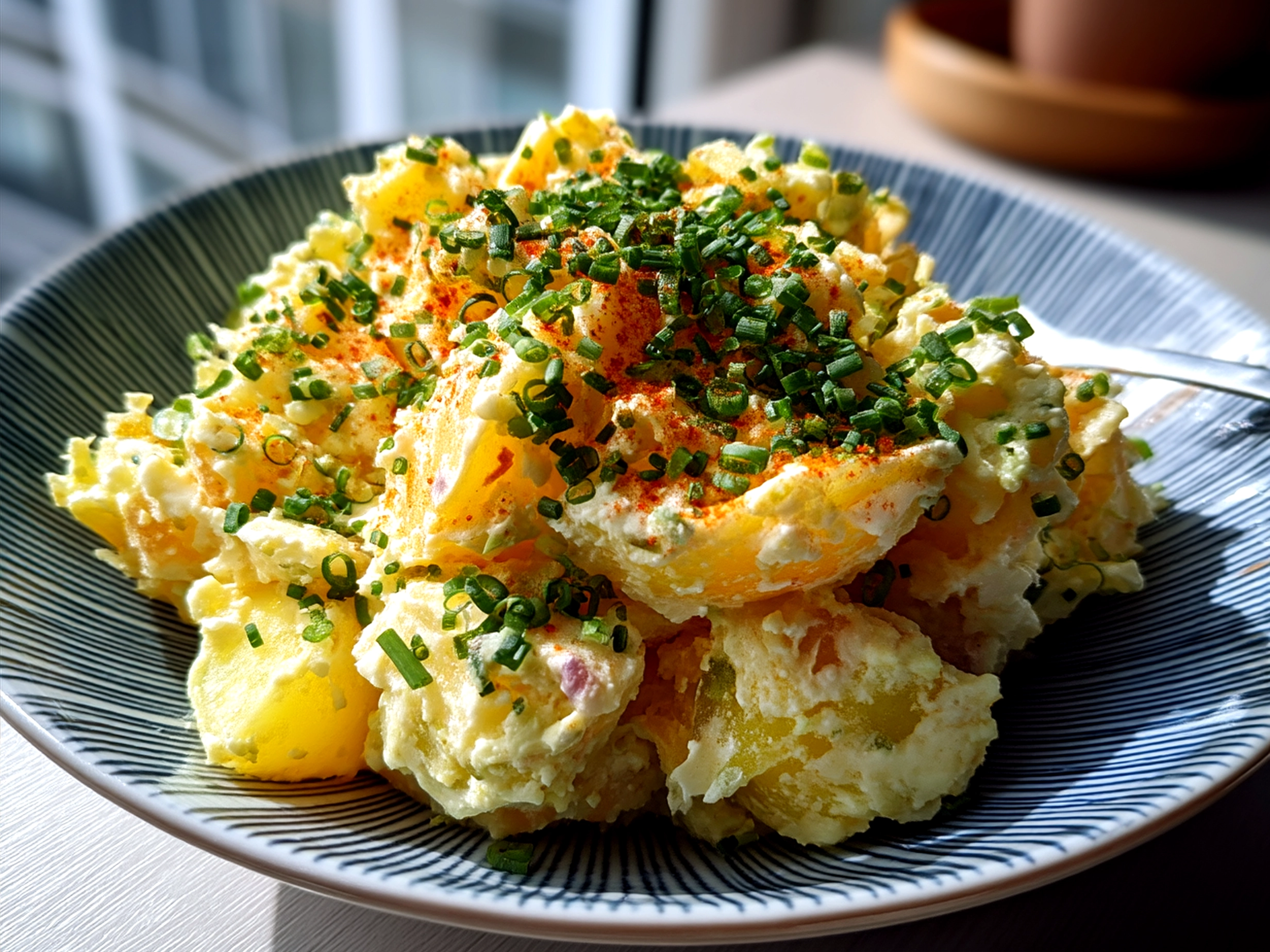 Creamy Japanese potato salad beautifully served with fresh vegetables and eggs