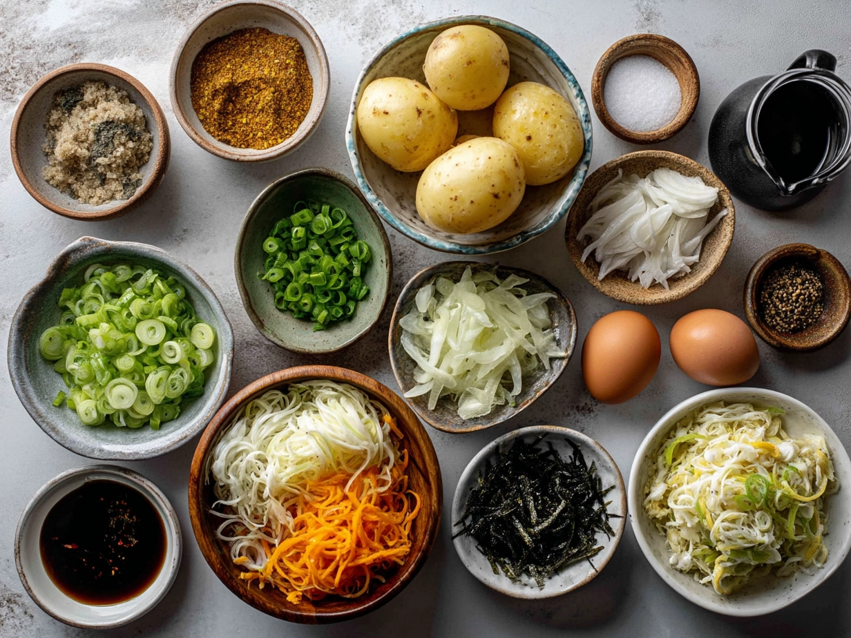Ingredients for making Japanese potato salad including potatoes, cucumber, carrot, onion, eggs, and Japanese mayonnaise