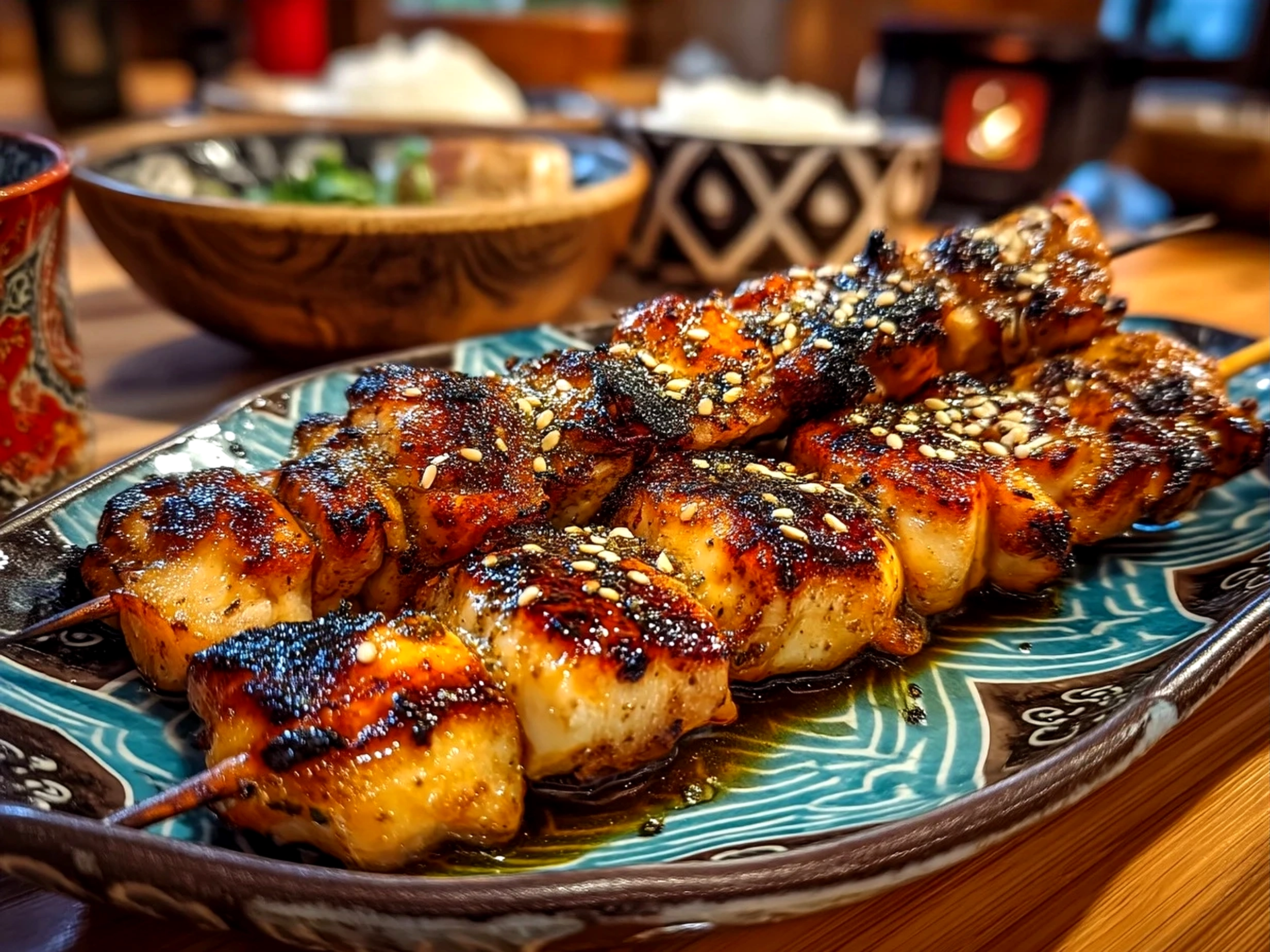 Served Japanese Yakitori Grilled Chicken skewers garnished with green onions and shichimi togarashi