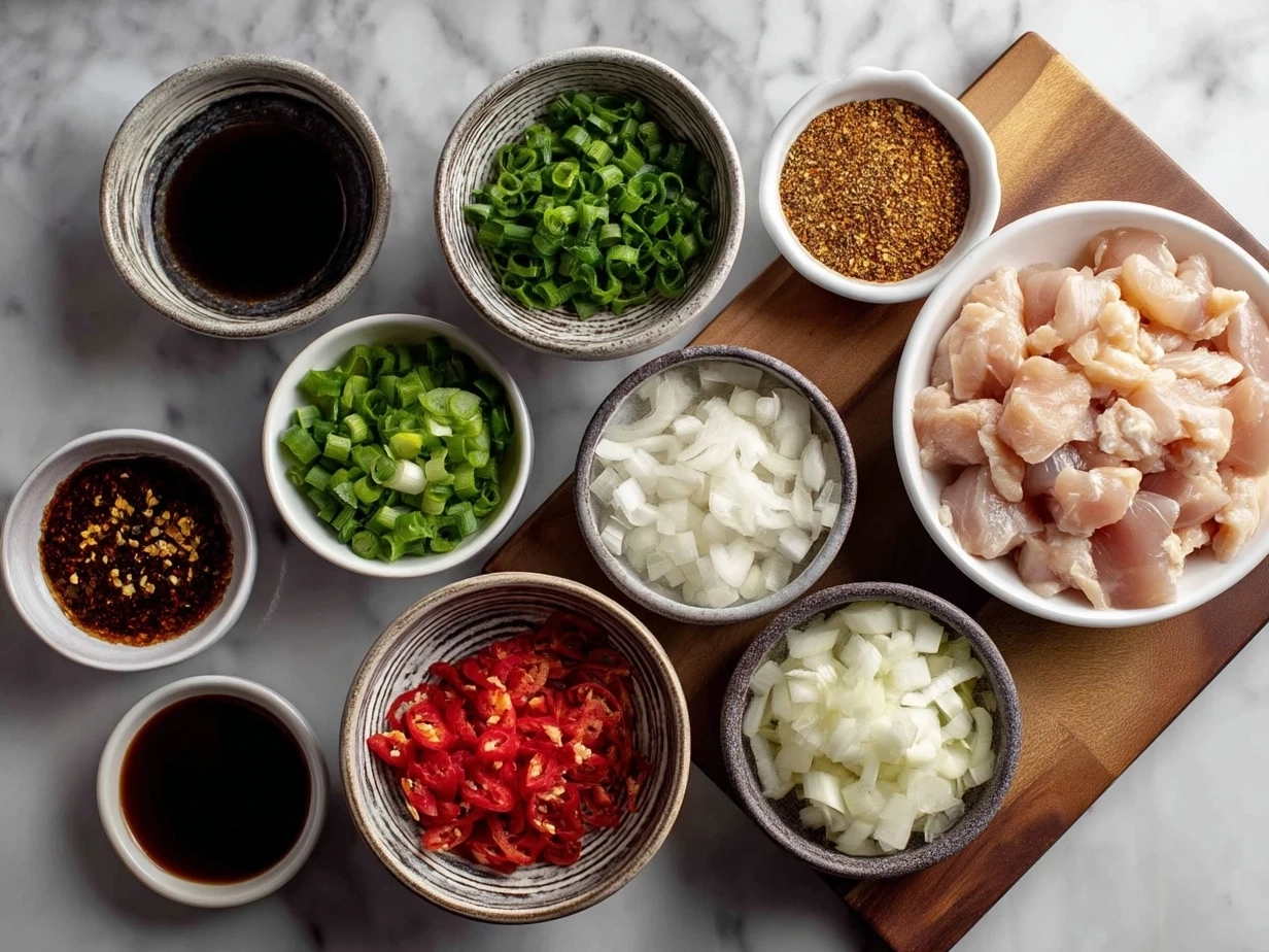 Ingredients for Japanese Yakitori Grilled Chicken laid out on a kitchen counter