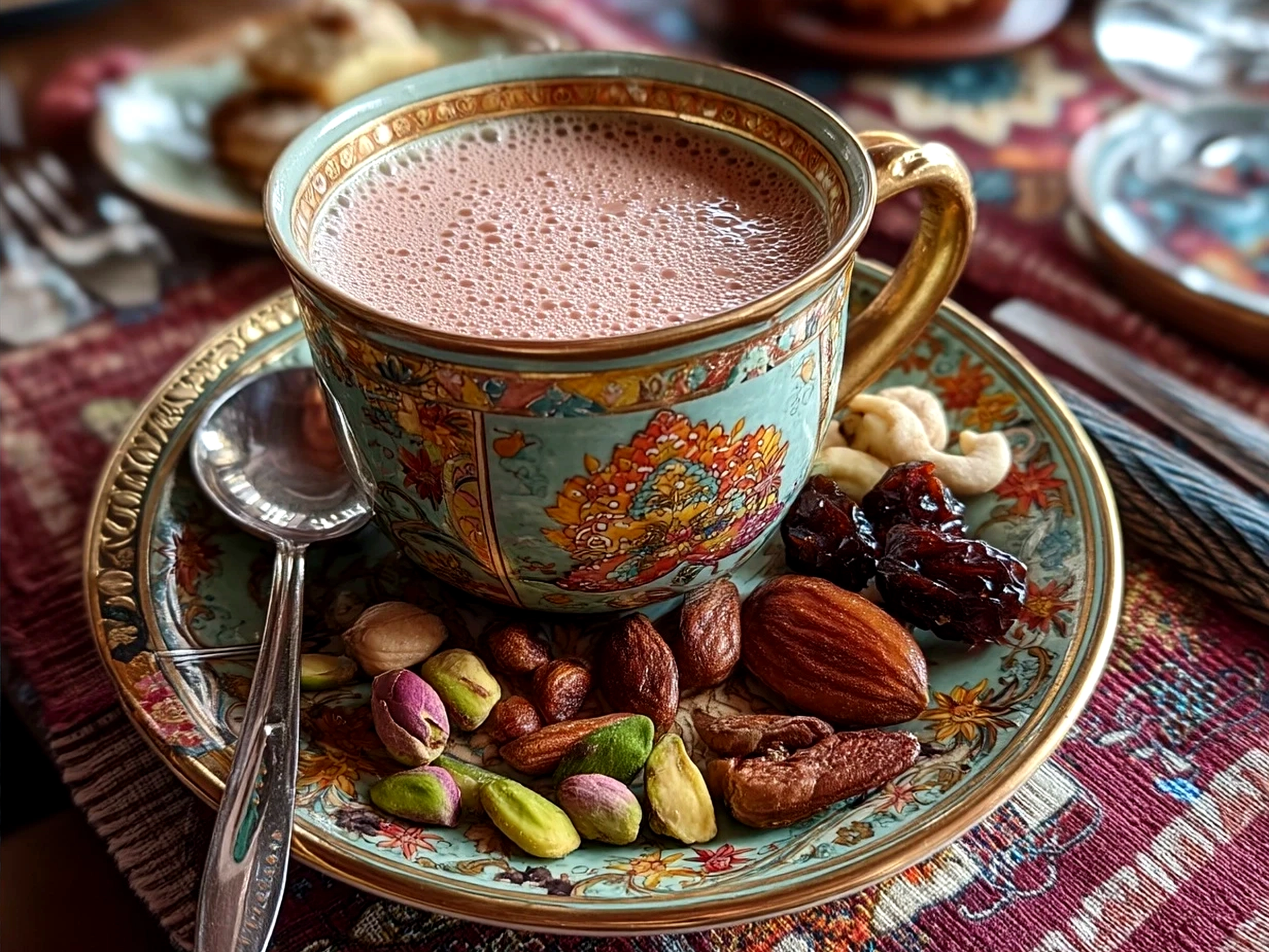 A cup of Kashmiri Pink Chai served with crushed pistachios on top