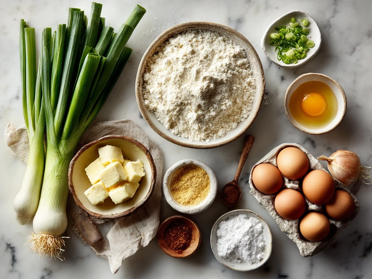 Ingredients for Knoephla Soup including flour, eggs, milk, potatoes, and herbs