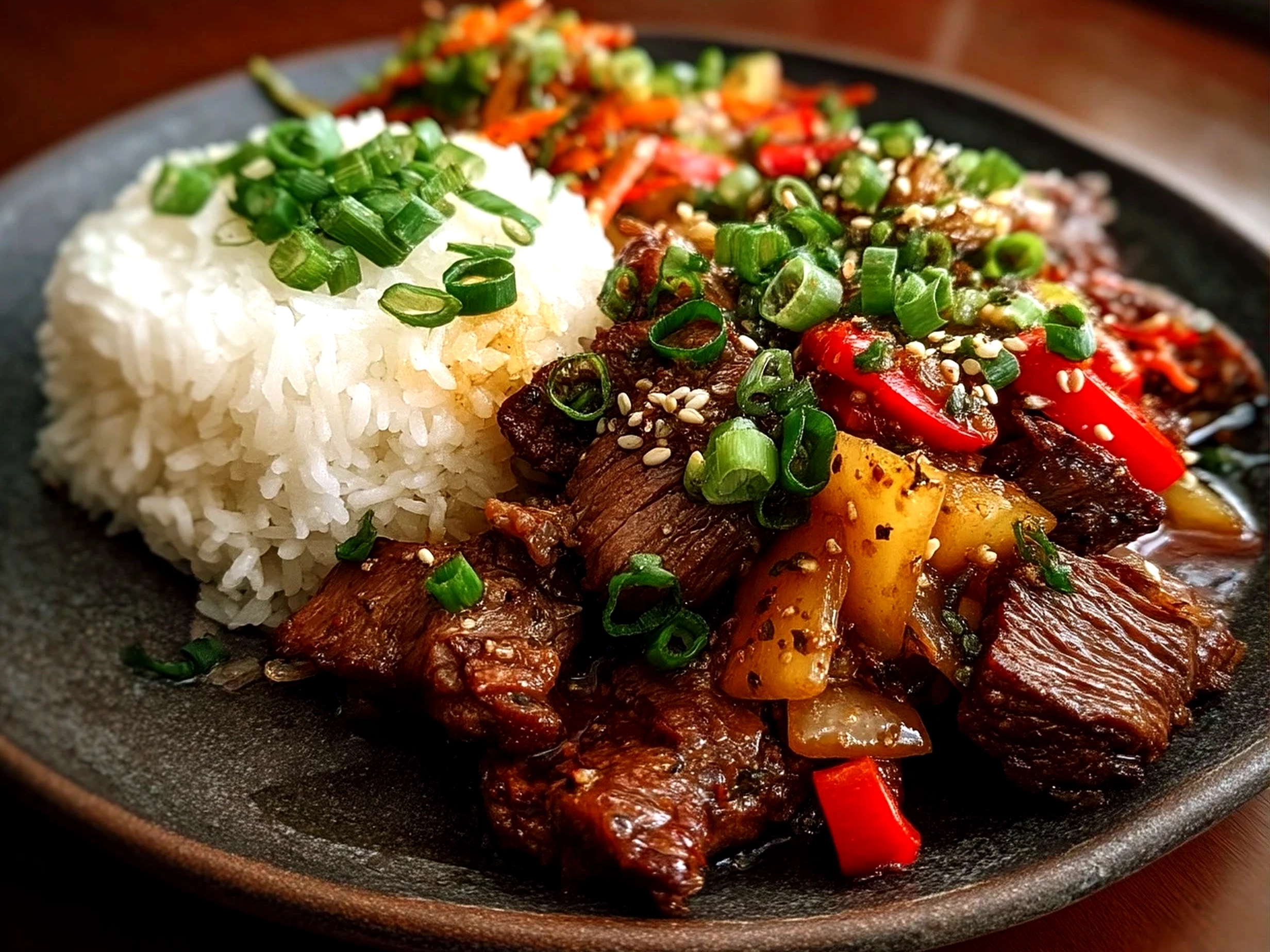 Serving platter of Korean BBQ Beef with garnishes and fresh vegetables for wraps