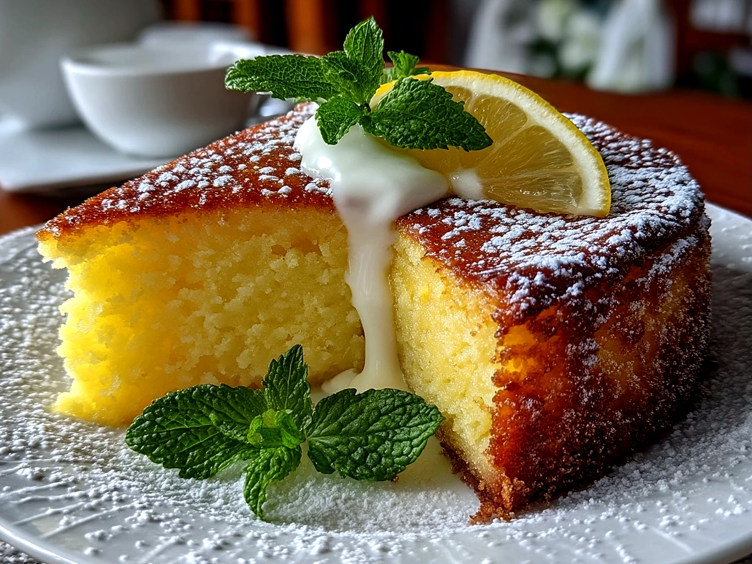 Served Lemon Custard Cake with lemon drizzle, whipped cream, and fresh berries