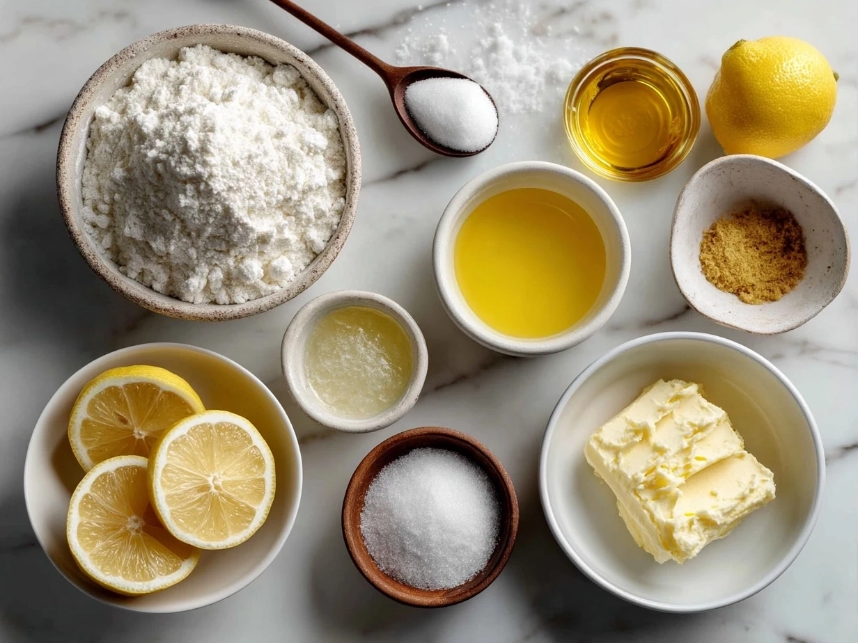 Ingredients for Lemon Custard Cake including flour, eggs, lemons, sugar, and butter