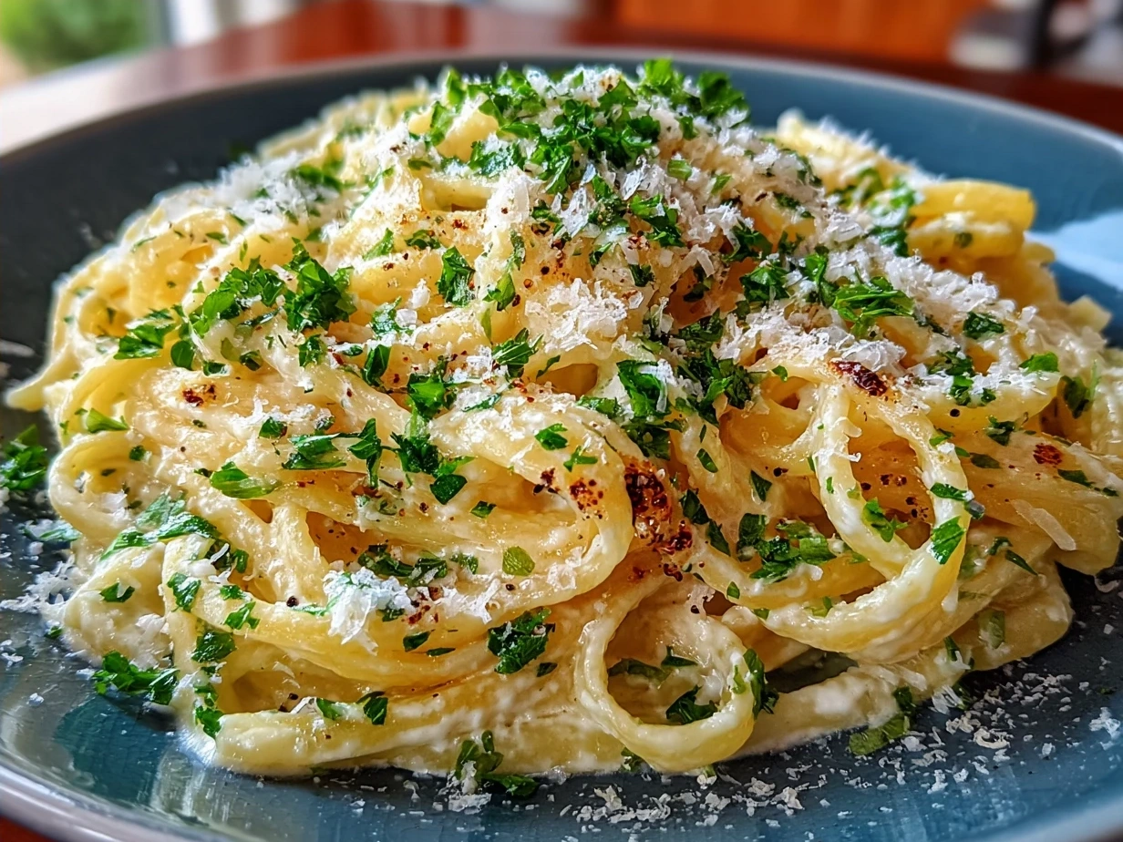 Serving bowl of lemon ricotta pasta garnished with fresh herbs