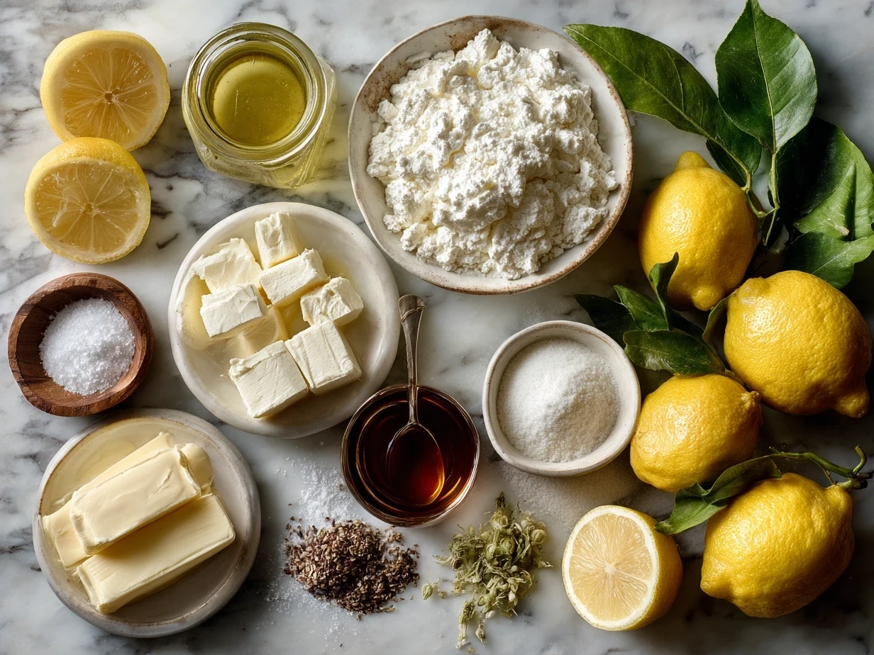 Ingredients for lemon ricotta pasta including lemons, ricotta, pasta, olive oil, garlic, and Parmesan cheese