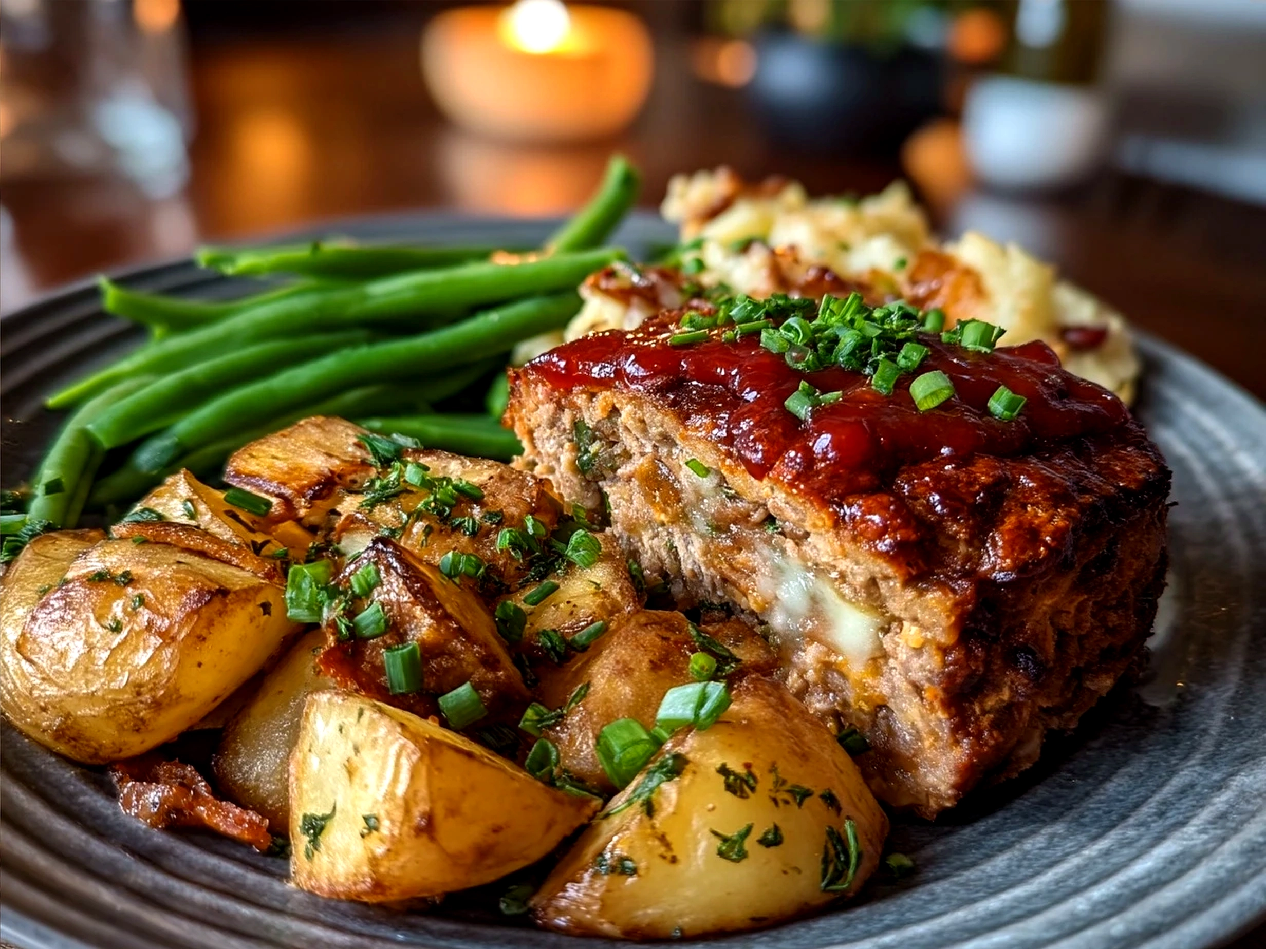A sliced load of Loaded Potato Meatloaf served with fresh green sides