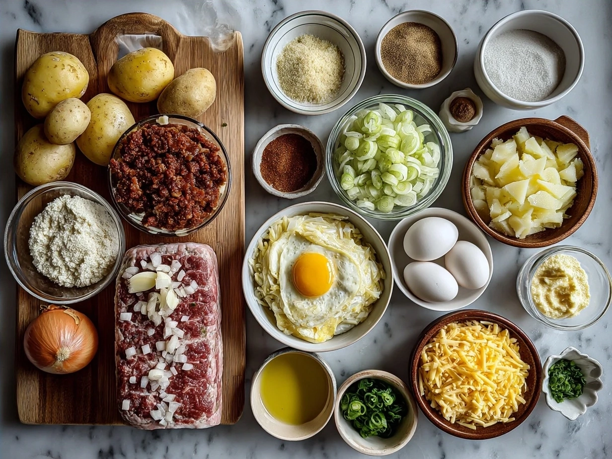 Ingredients for Loaded Potato Meatloaf laid out neatly