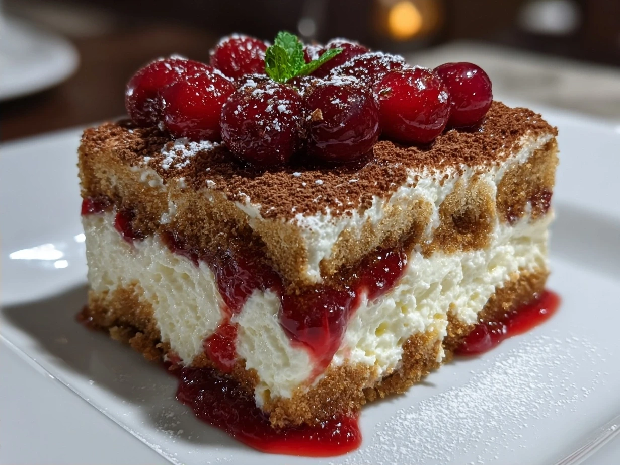 Finished Luxe Cranberry Tiramisu dessert garnished with fresh cranberries and orange zest