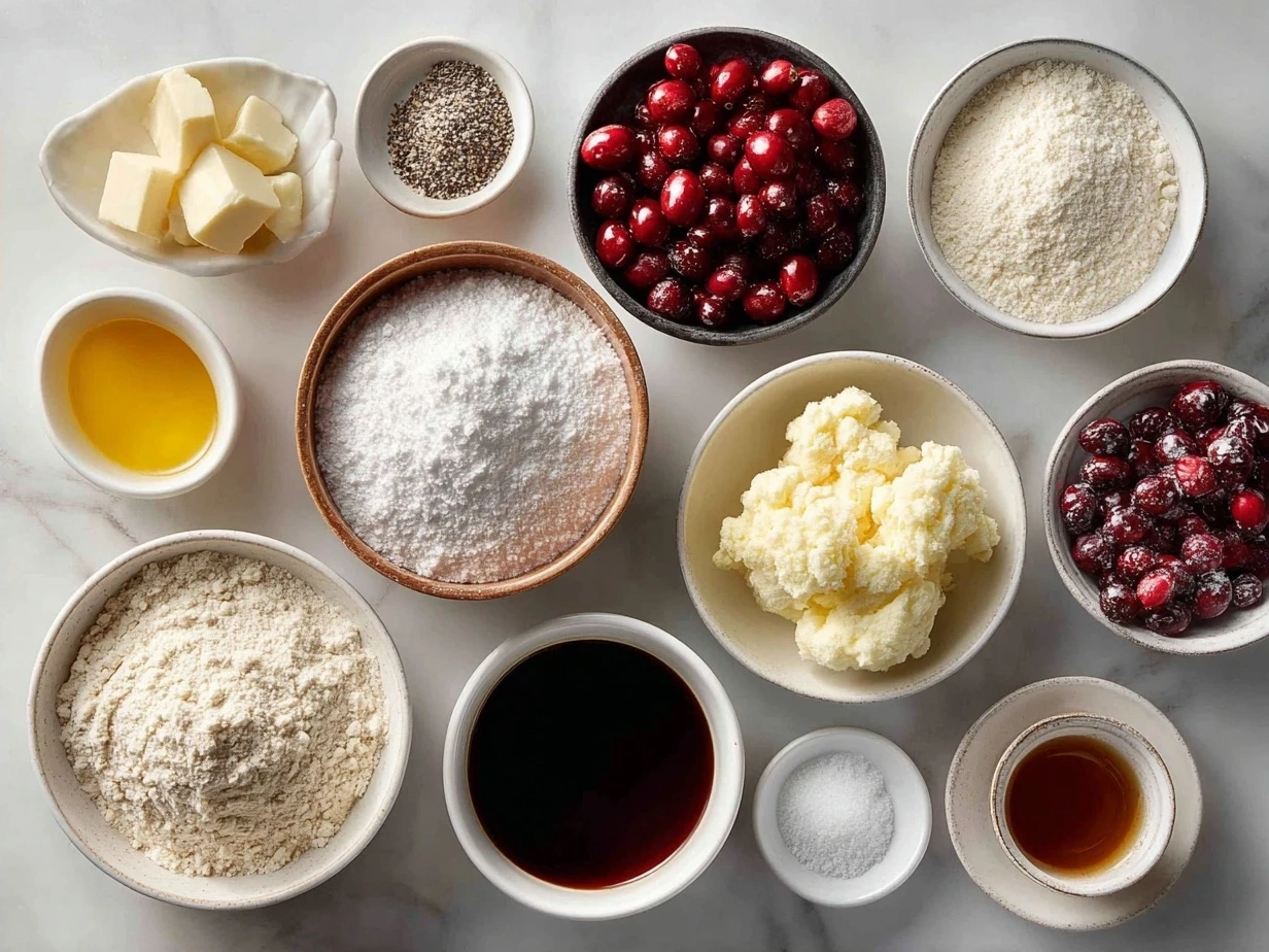 Ingredients for Luxe Cranberry Tiramisu including fresh cranberries, mascarpone cheese, eggs, sugar, vanilla extract, espresso, ladyfingers, and orange zest