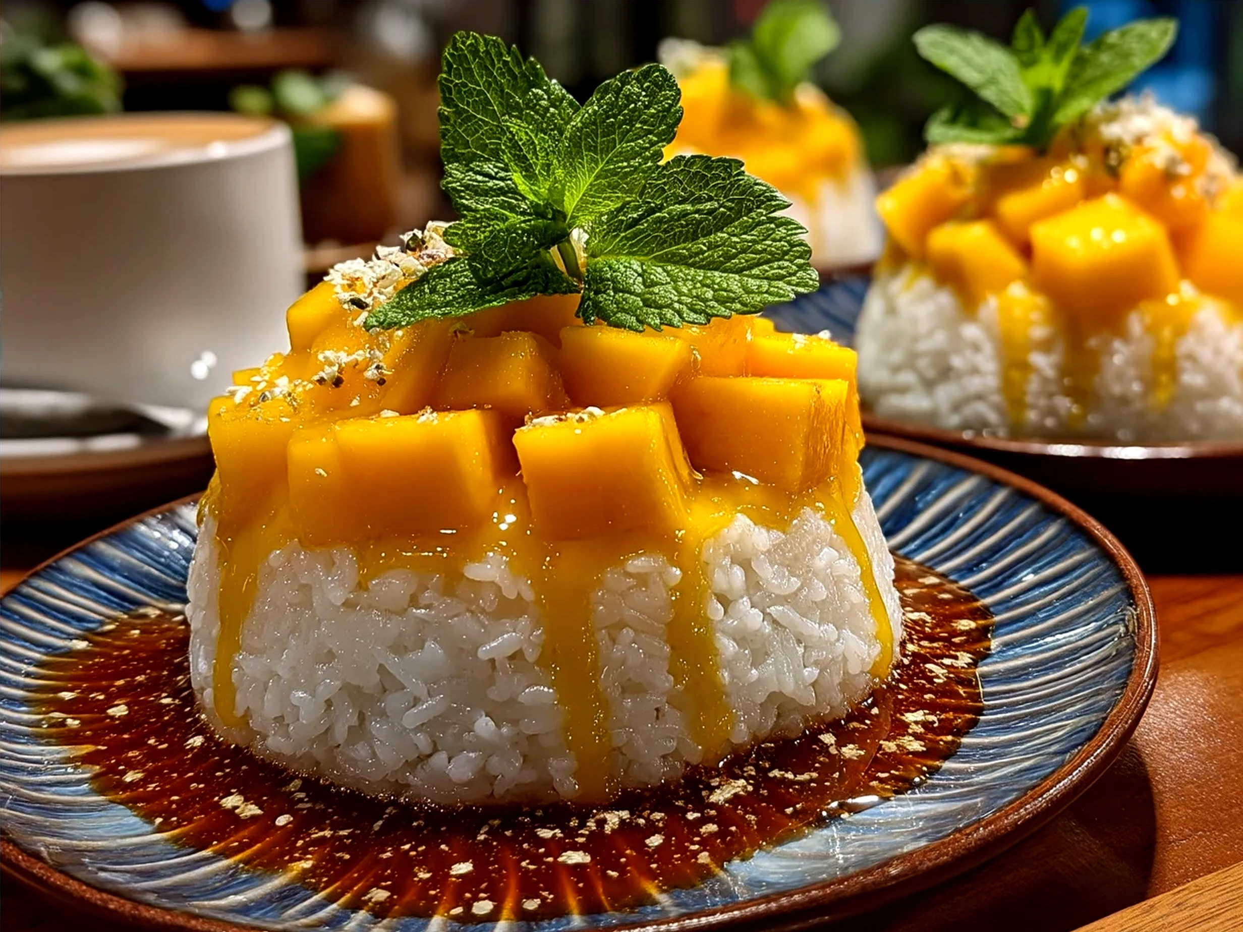 Serving of Mango Sticky Rice with ripe mango slices and coconut sauce