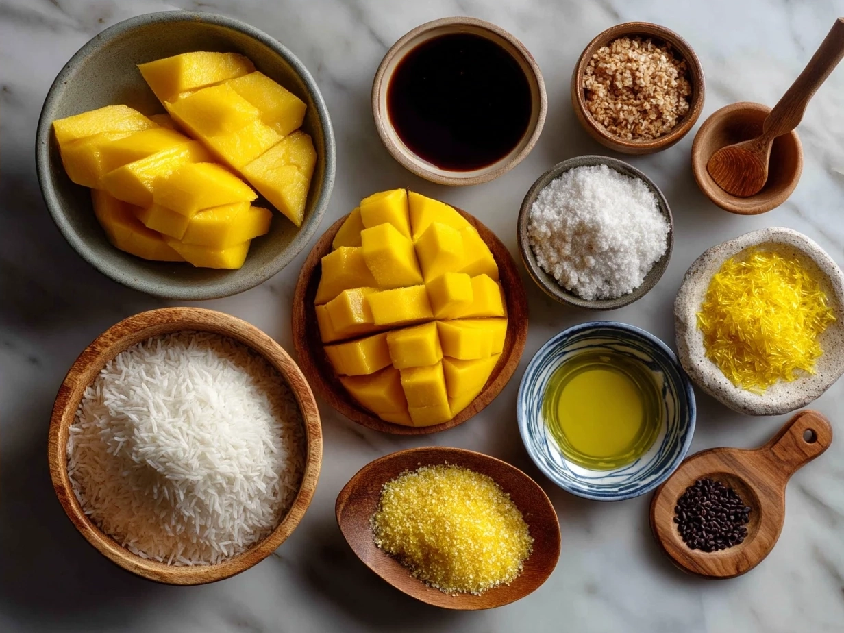 Ingredients for Mango Sticky Rice including sticky rice, coconut milk, palm sugar, salt, and ripe mangoes