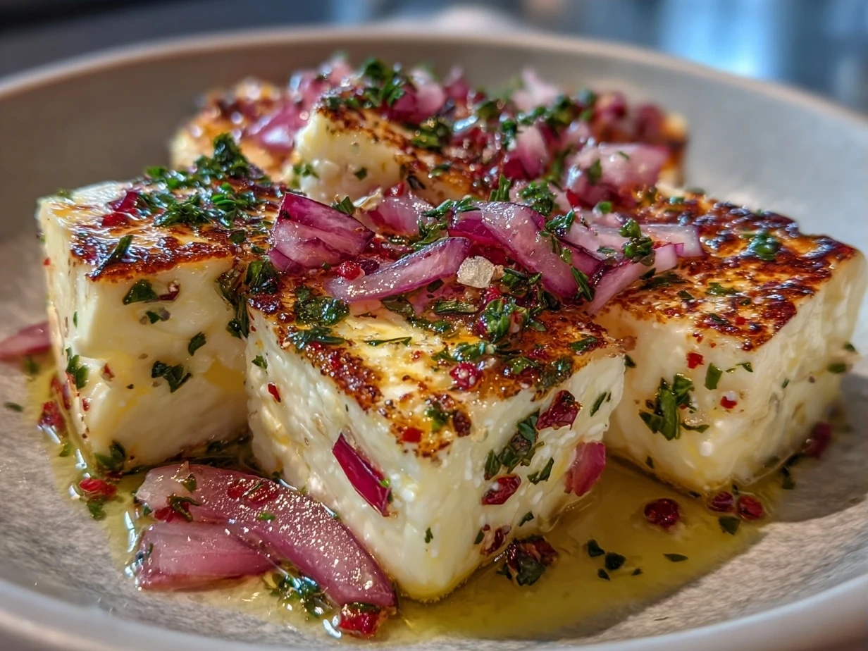 Final serving of marinated cheese appetizer with herbs and olive oil drizzle