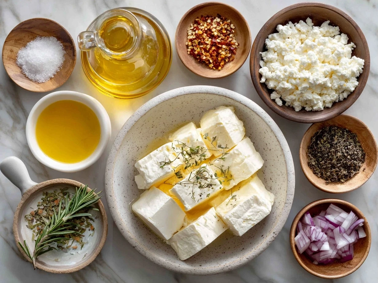 Ingredients for marinated cheese including feta, mozzarella, olive oil, garlic, and herbs