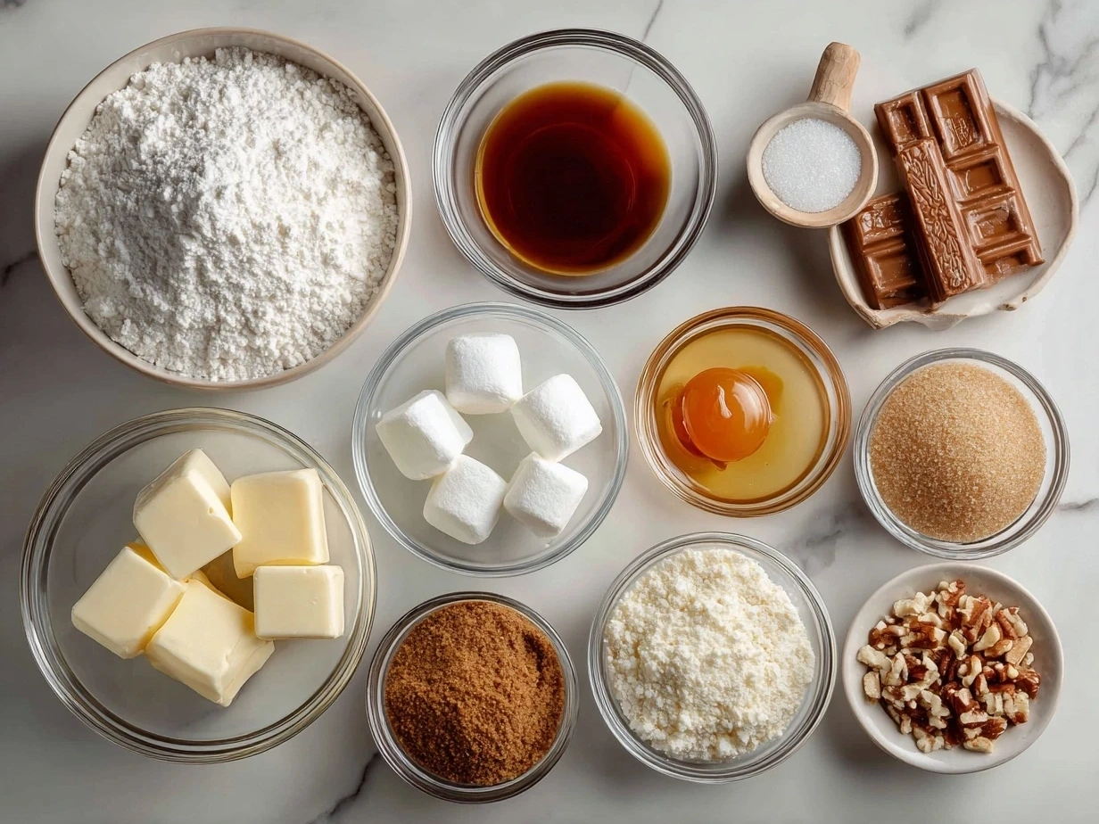 Ingredients for making Martha Washington Candy laid out on a kitchen counter including sugar, milk, butter, nuts, and chocolate chips