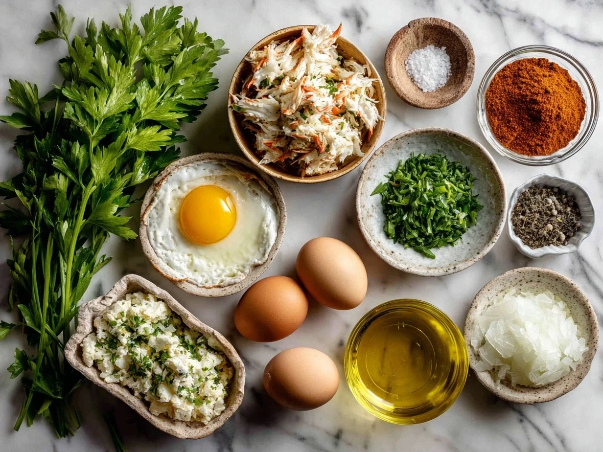 Ingredients for Maryland Crab Cakes showing jumbo lump crab meat, mayonnaise, eggs, Old Bay seasoning, and panko breadcrumbs