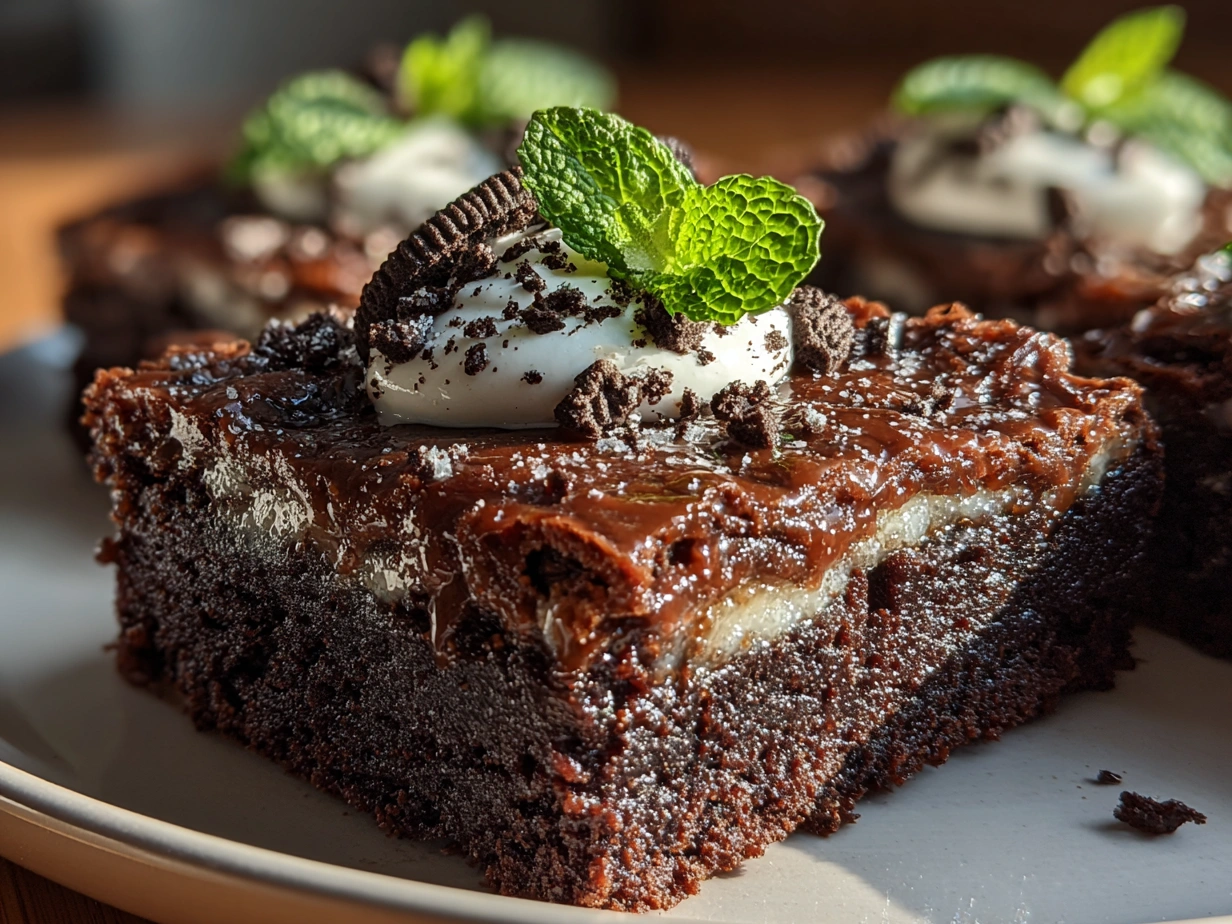 A stack of freshly baked Mint Oreo Brownies served on a plate with a fork ready to be enjoyed