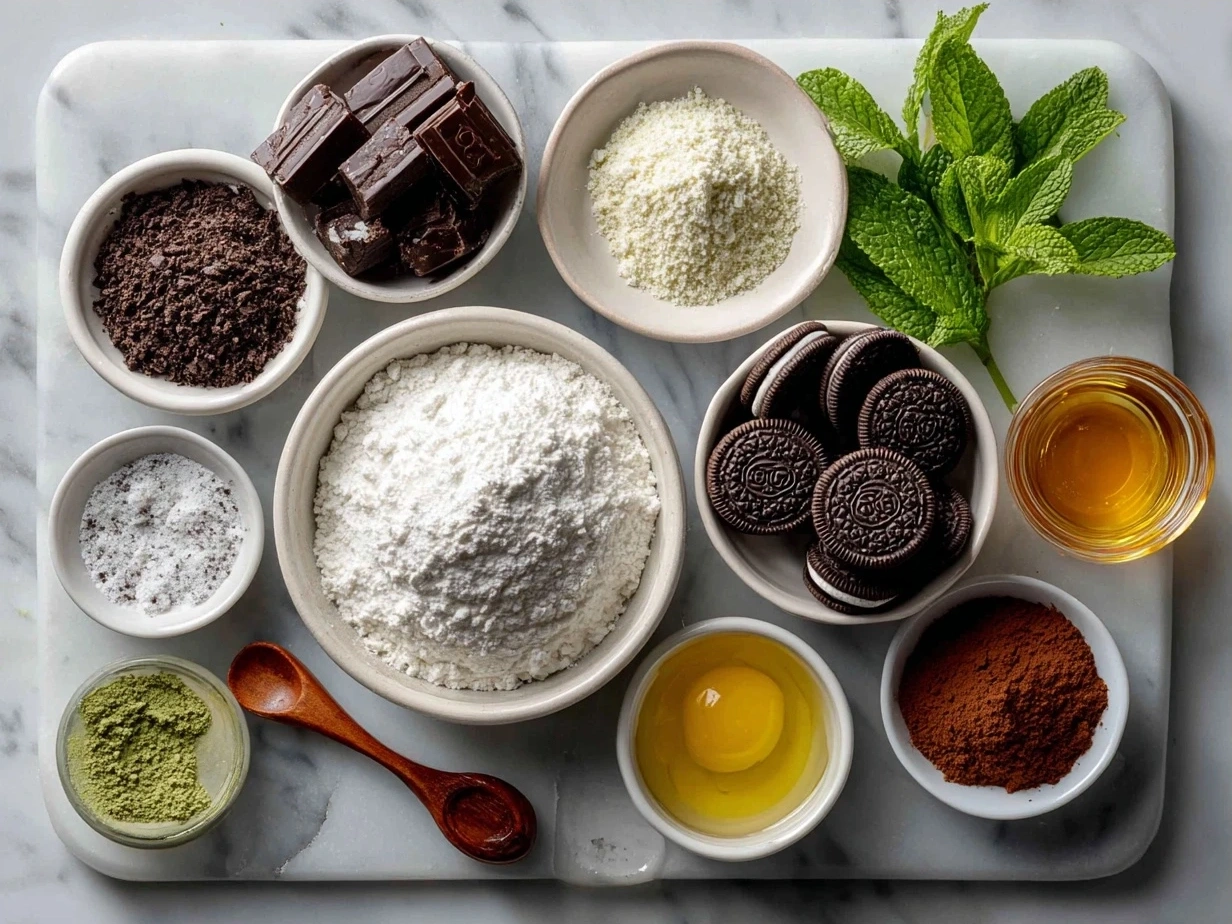 Ingredients for Mint Oreo Brownies laid out on a table including butter, eggs, sugar, cocoa powder, flour, and chopped Mint Oreo cookies