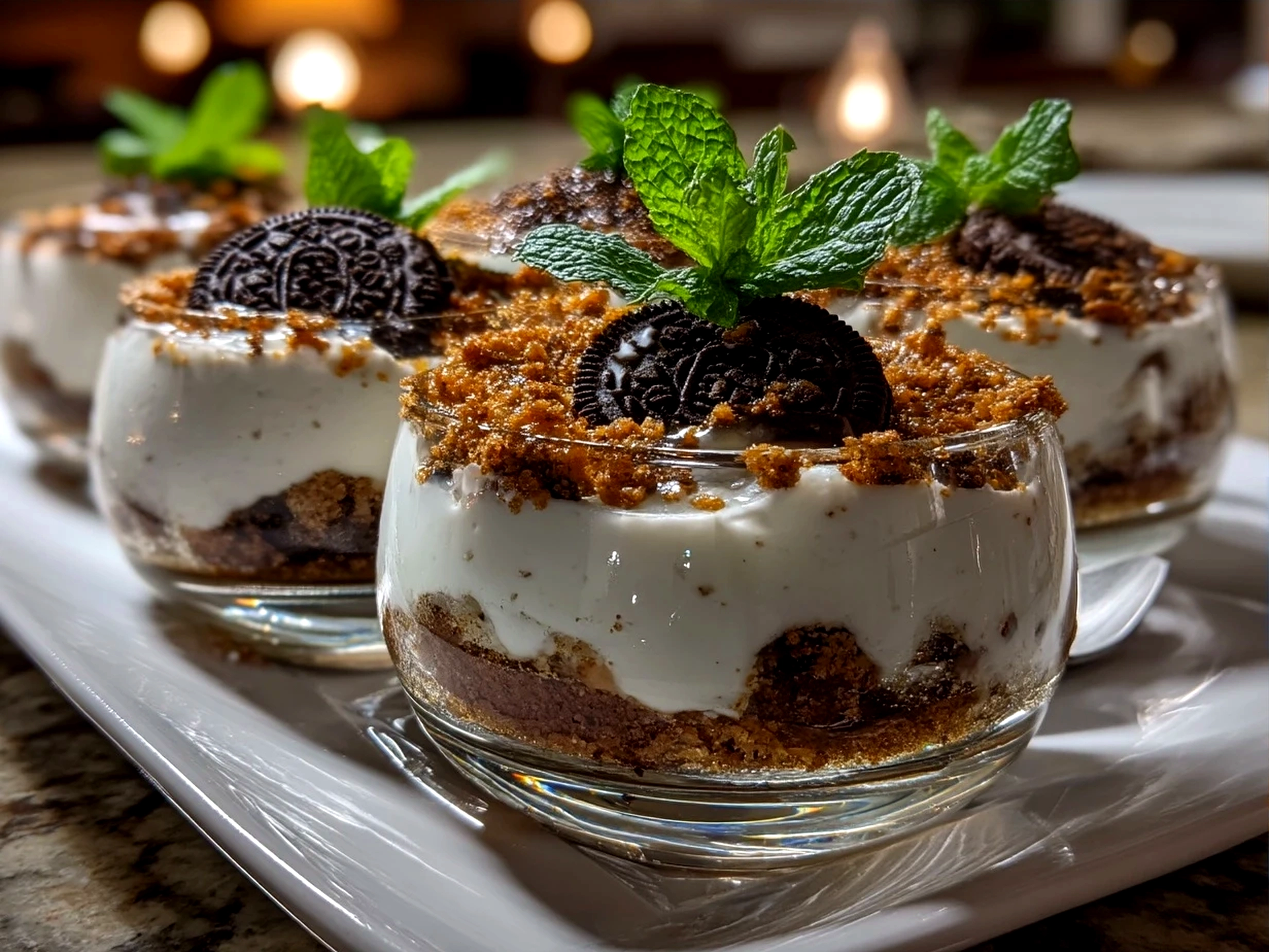 Finished Mint Oreo Parfaits in clear glasses garnished with cookie crumbles and mint leaves