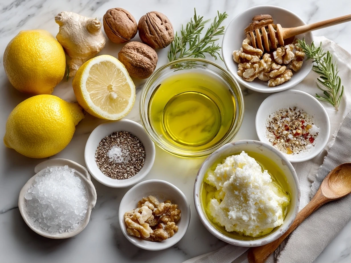 Ingredients laid out for making lemon vinaigrette, including fresh lemons, olive oil, garlic, and honey.