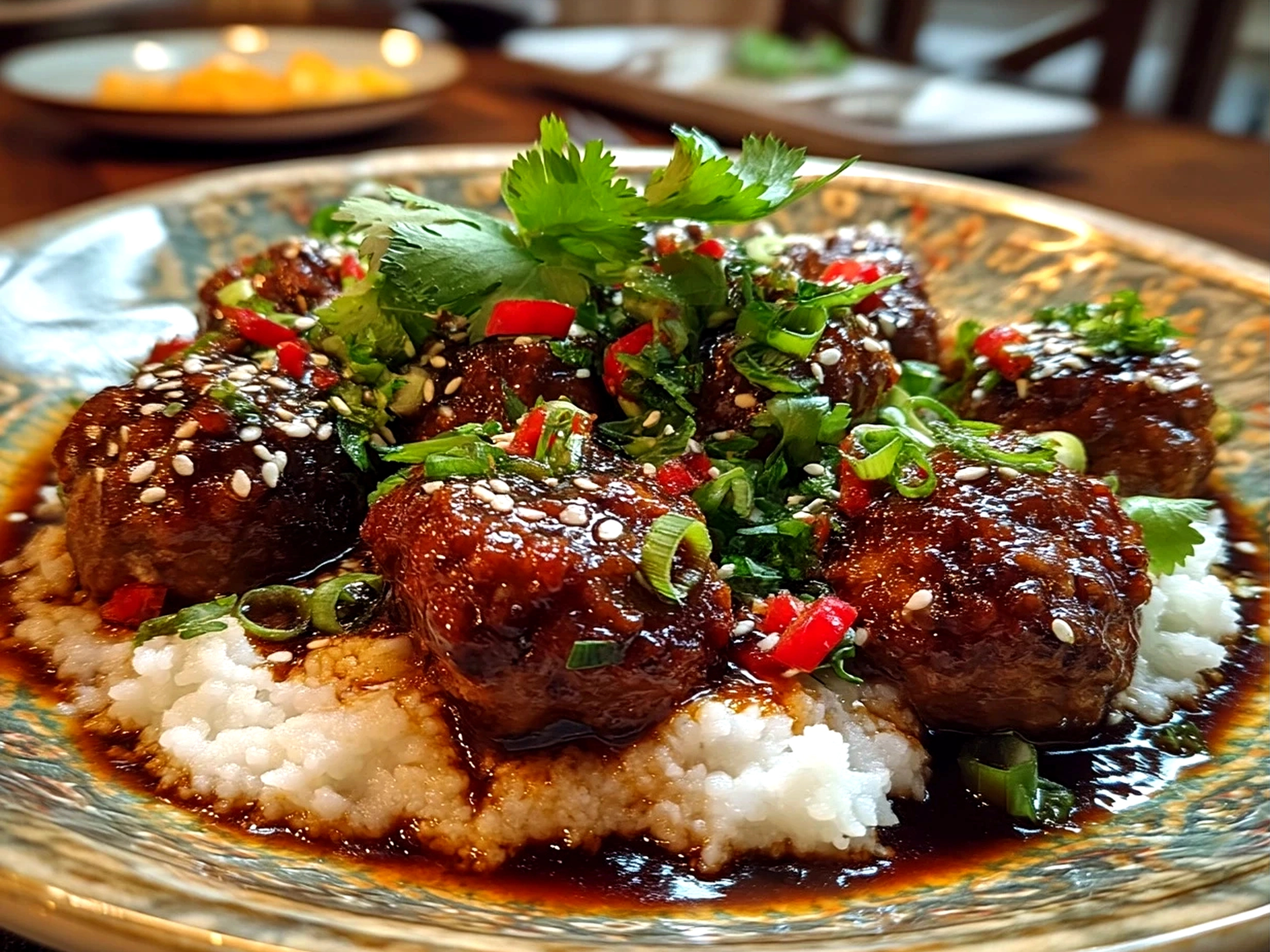 Served Mongolian Meatballs with rice and stir fried vegetables