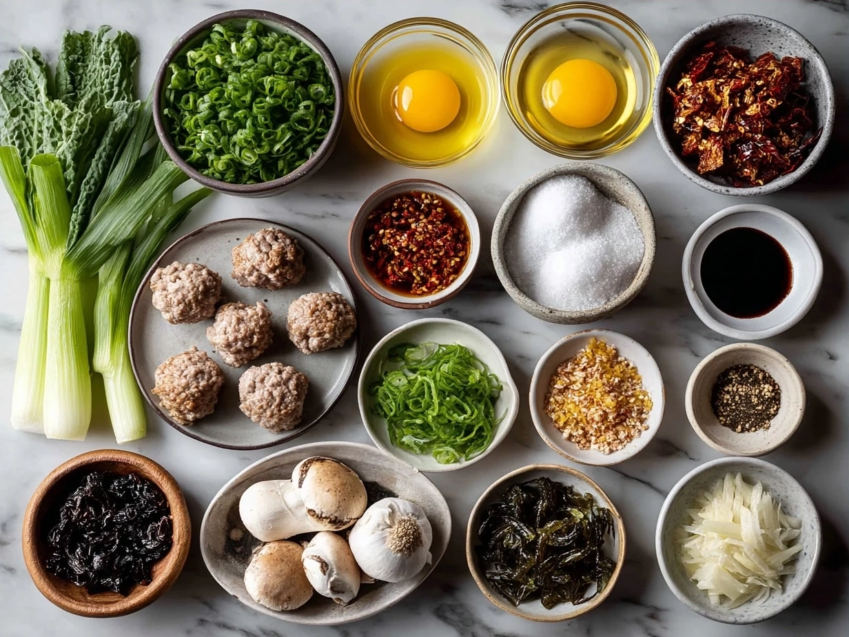 Ingredients for Mongolian Meatballs including ground beef, garlic, ginger, soy sauce, and brown sugar