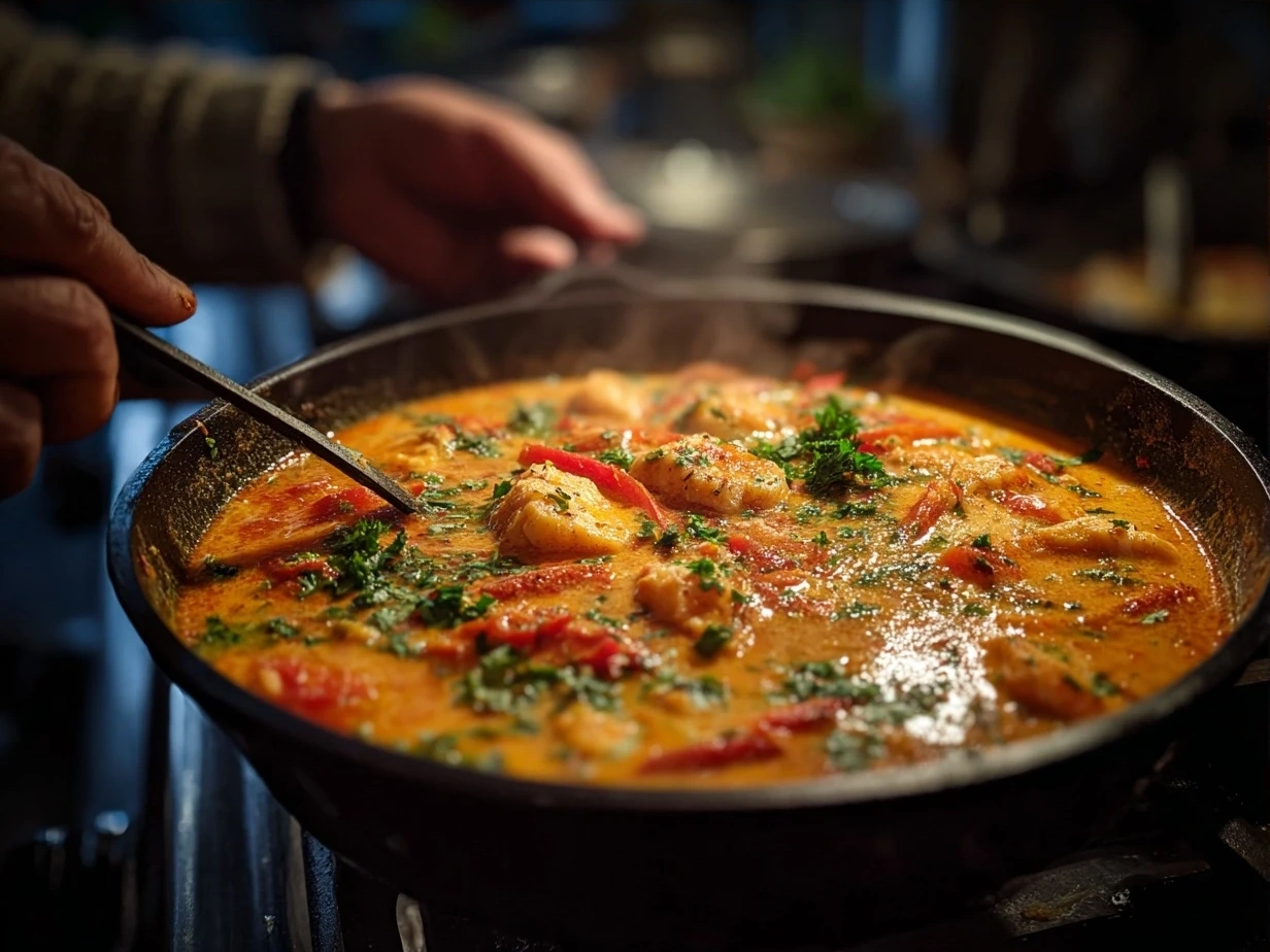 Bowl of Moqueca Fish Stew garnished with fresh cilantro and lime wedges served with white rice