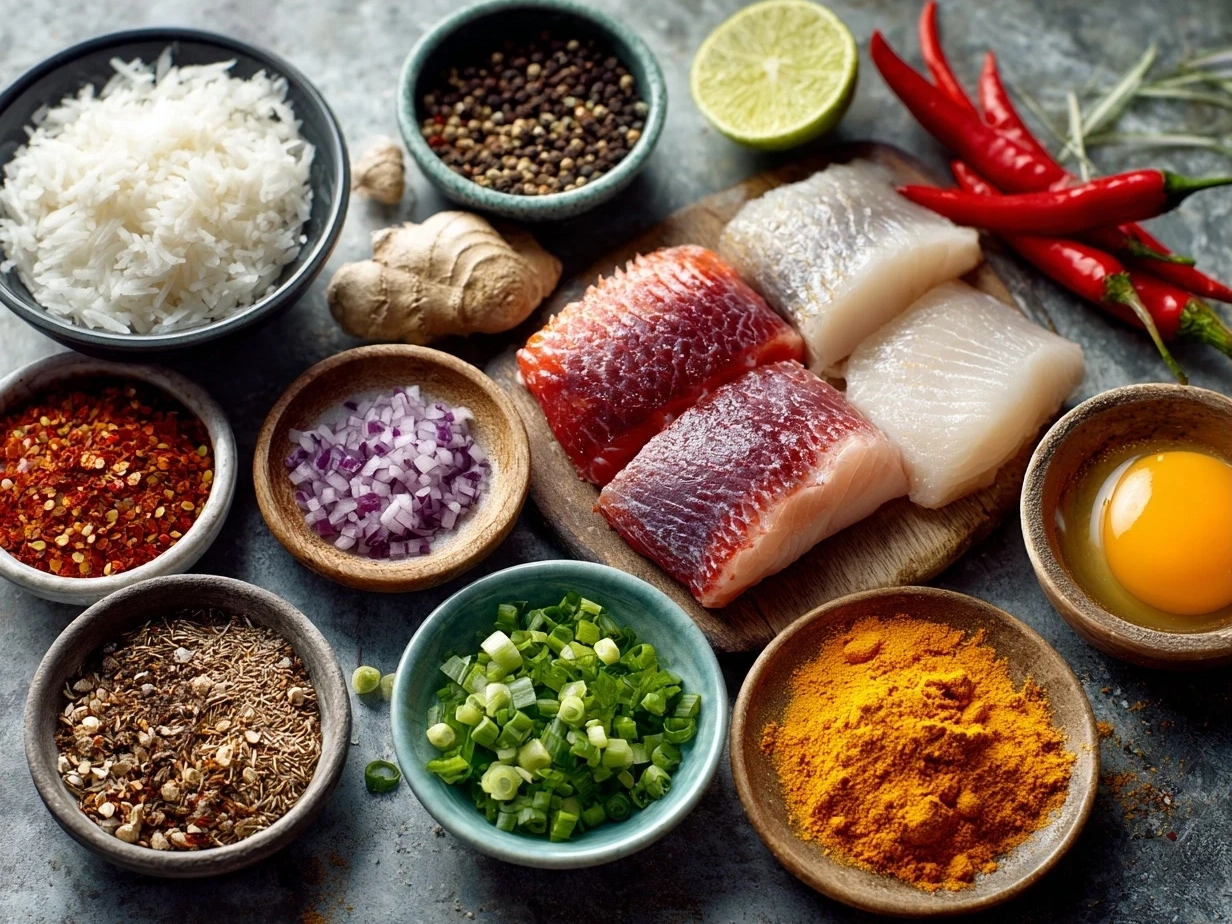 Ingredients laid out for making Moqueca Fish Stew including fish, bell peppers, onions, coconut milk, and fresh herbs