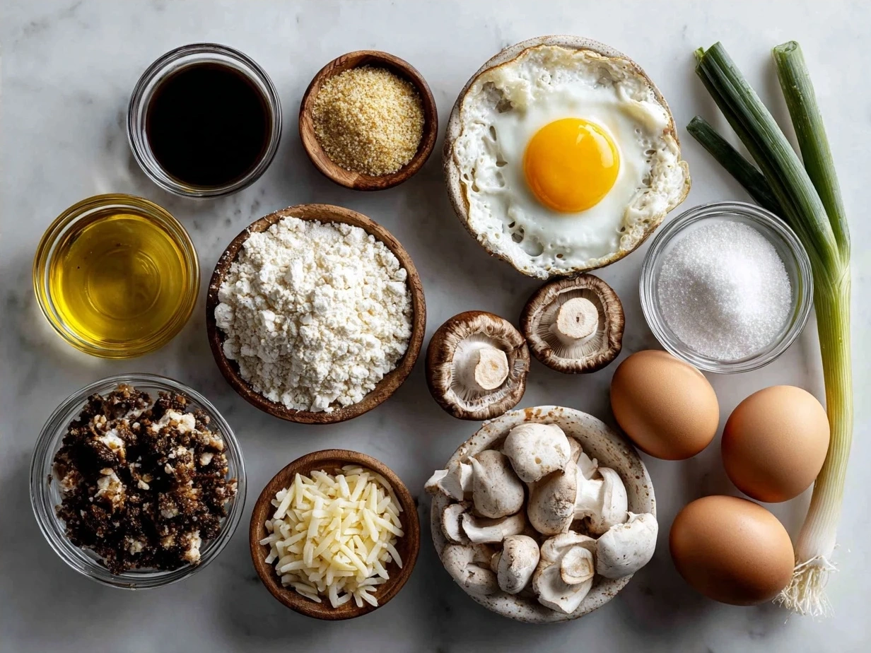 A colorful array of fresh ingredients laid out on a wooden board, including mixed mushrooms, Arborio rice, a yellow onion, garlic cloves, fresh parsley, Parmesan cheese, and a bottle of white wine, ready for making mushroom risotto.