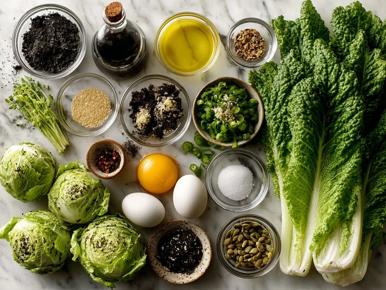 Fresh ingredients for a mustard greens recipe including mustard greens, bacon, onion, garlic, and chicken broth