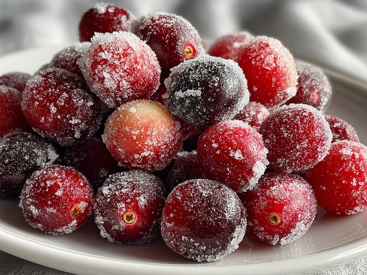 Final presentation of No-Added-Sugar Sugared Cranberries, sparkling and festive
