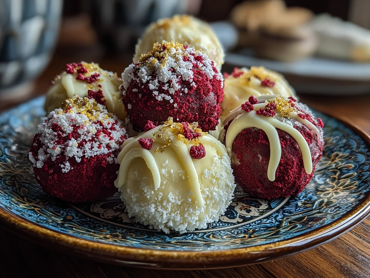 Finished No-Bake Red Velvet Snowball Truffles on serving tray, coated with powdered sugar