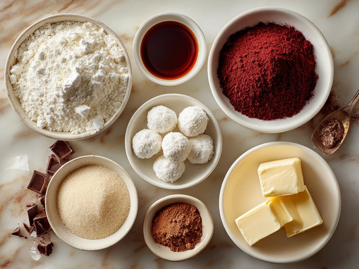 Ingredients for No-Bake Red Velvet Snowball Truffles: red velvet cake mix, cream cheese, butter, vanilla, powdered sugar
