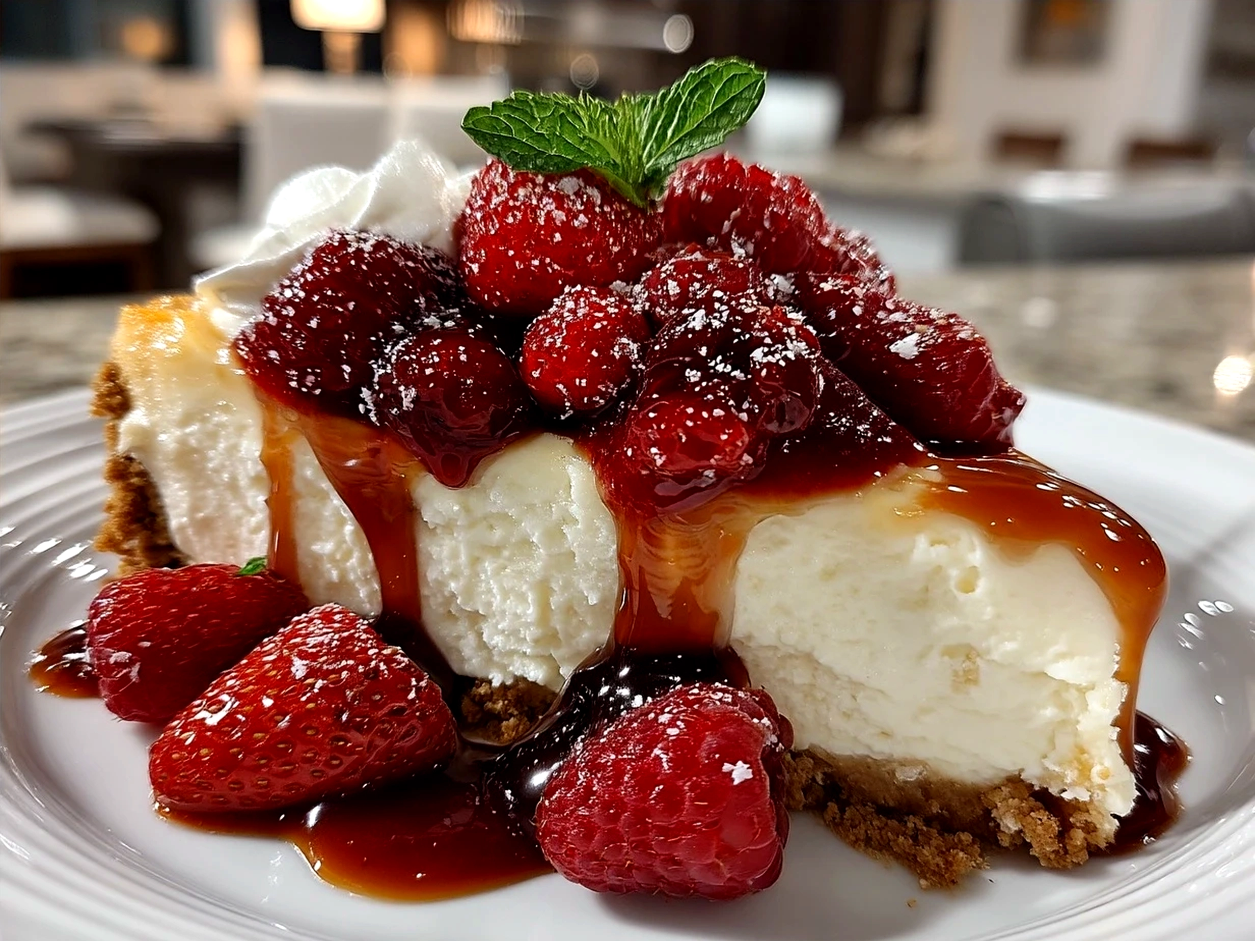 Served No Bake Classic Woolworth Cheesecake with fresh berries and cream