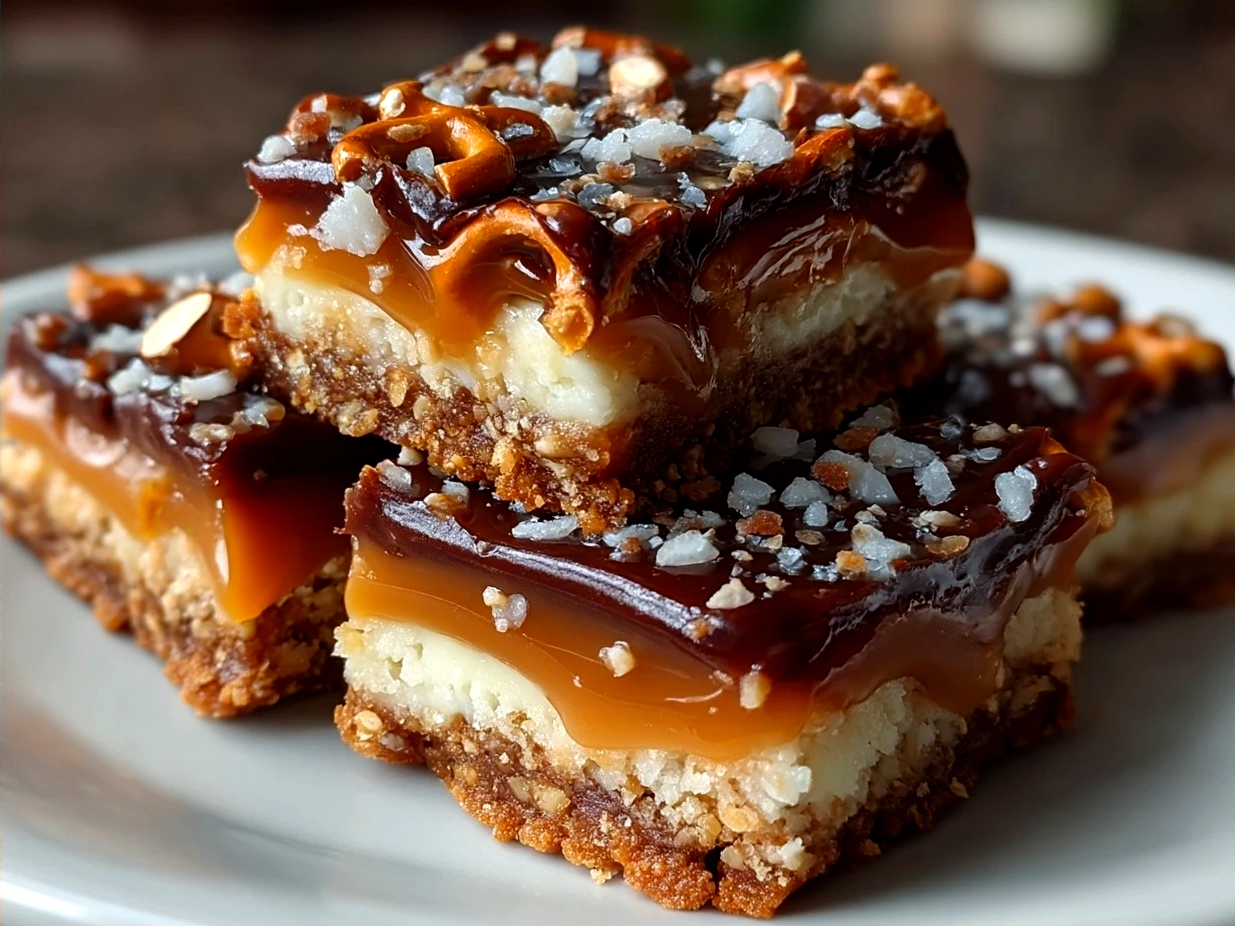 Serving plate of No Bake Salted Caramel Pretzel Bars with a cup of tea