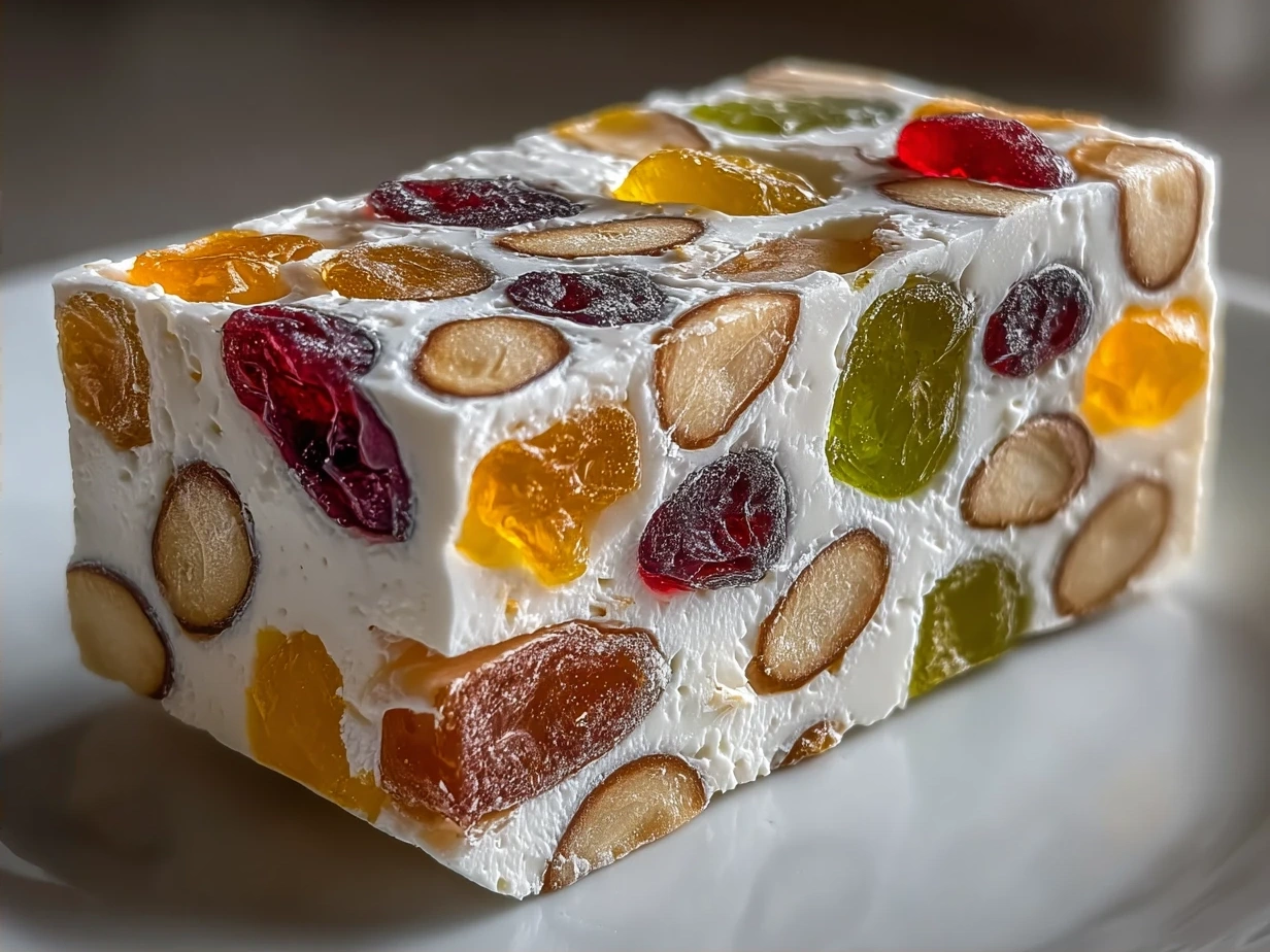A plate of Old-Fashioned Gumdrop Nougat Candy squares ready to serve