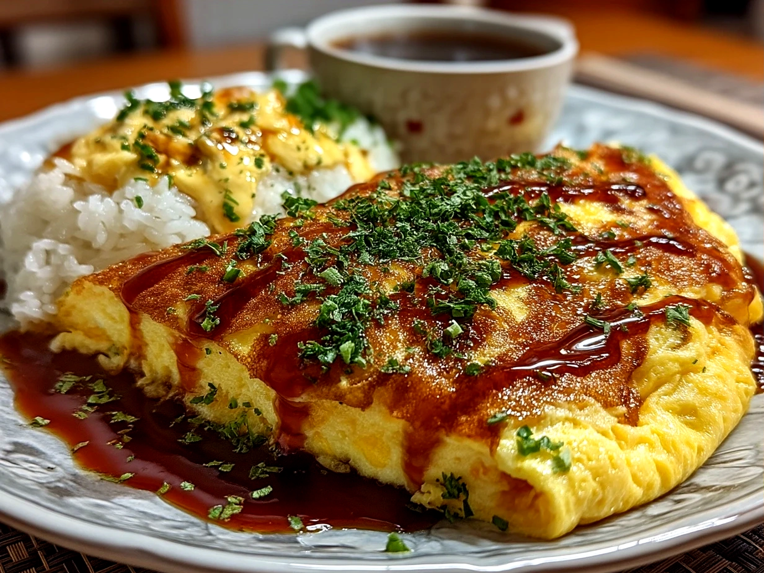 Final plated Omurice Japanese Rice Omelet served with greens