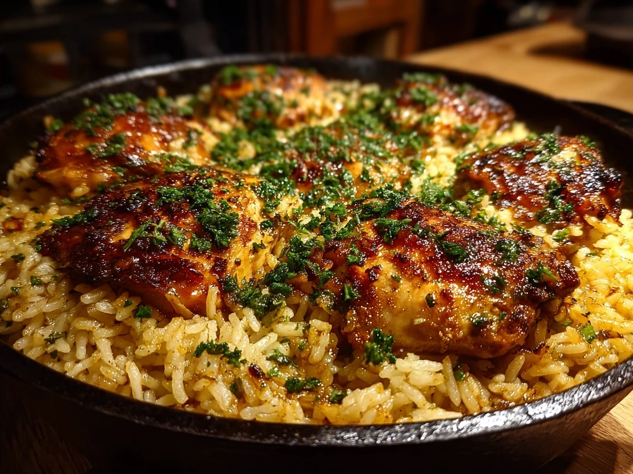 Serving of One-Pot Chicken and Rice with Olive Gremolata beautifully plated with fresh parsley garnish