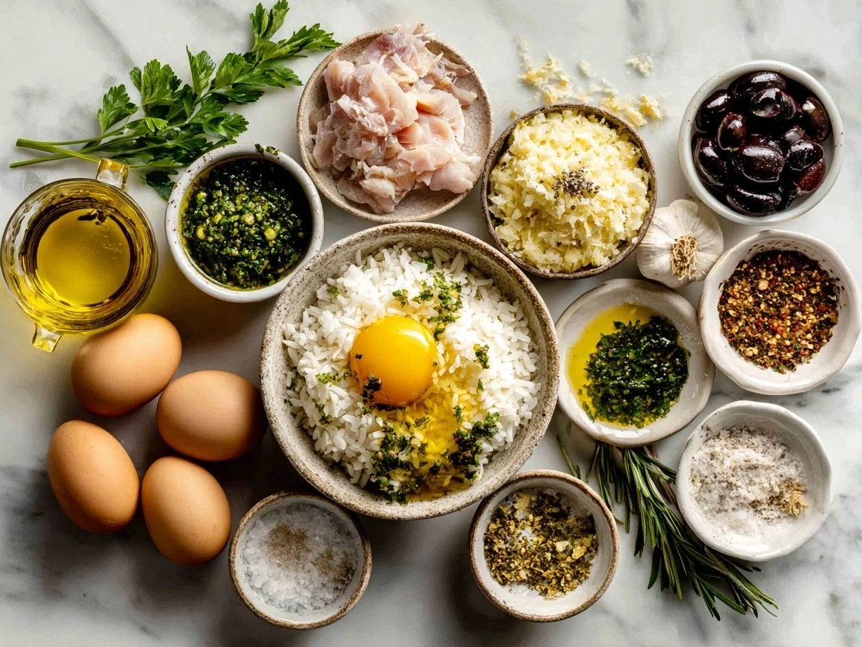 Ingredients for One-Pot Chicken and Rice with Olive Gremolata laid out on a countertop