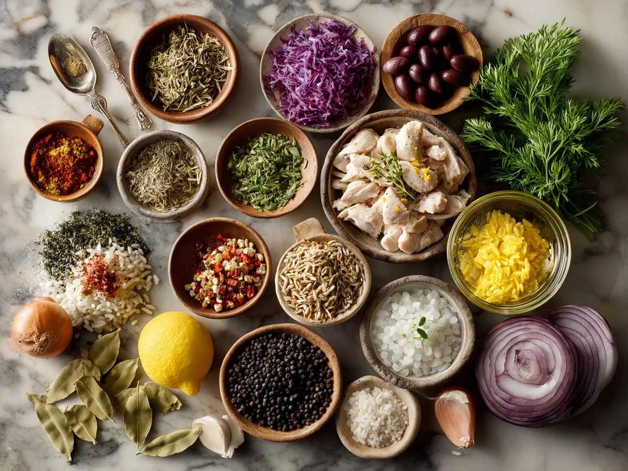 Ingredients for One-Pot Chicken Shawarma Rice arranged in bowls and measuring spoons on a kitchen counter