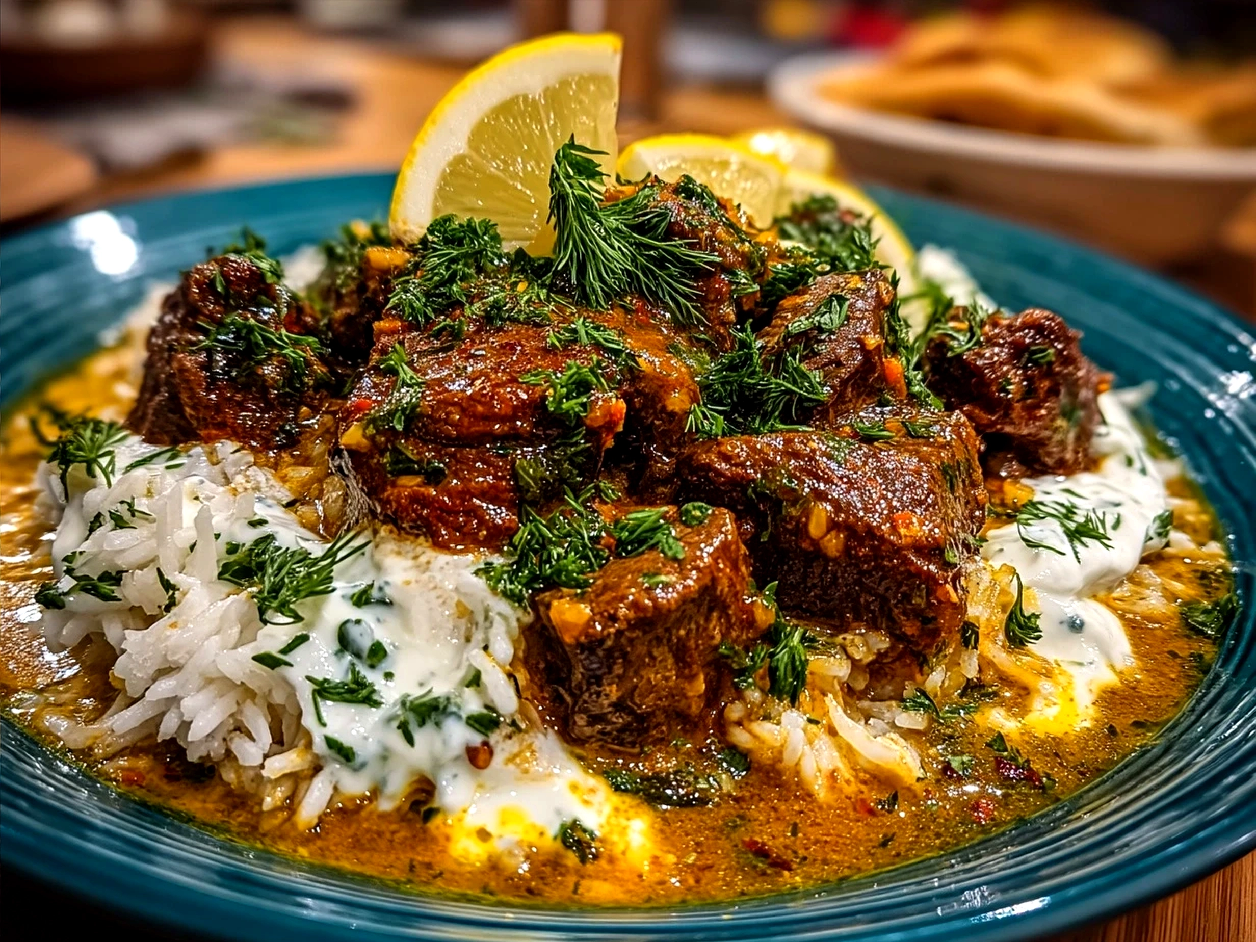 One-Pot Lamb Kalya with Yogurt and Cream served with cilantro garnish and naan bread.