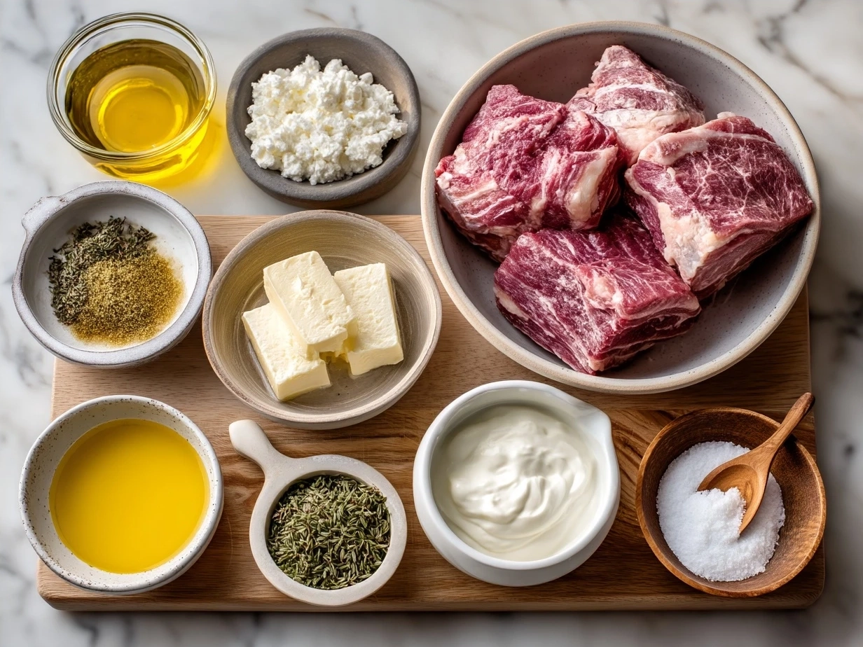 Ingredients for One-Pot Lamb Kalya with Yogurt and Cream including lamb, yogurt, cream, spices, onions, garlic, and ginger.
