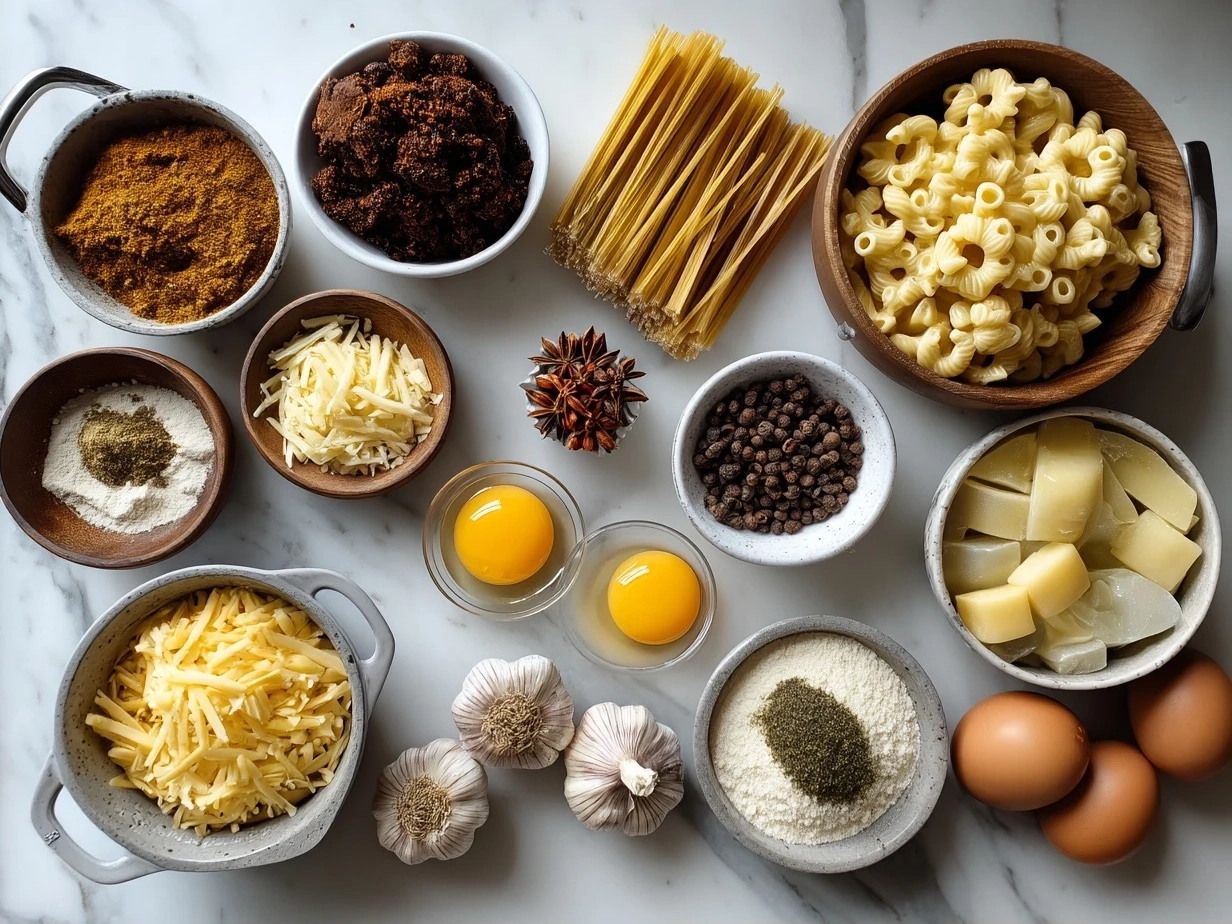 Ingredients for One Pot Chili Mac and Cheese including ground meat, pasta, beans, and spices
