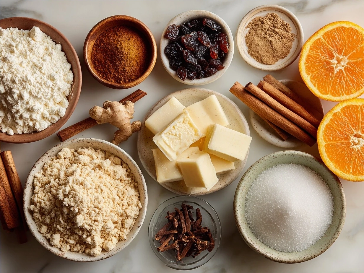 Ingredients laid out for making Orange Clove Cookies including flour, sugar, butter, eggs, orange zest and ground cloves