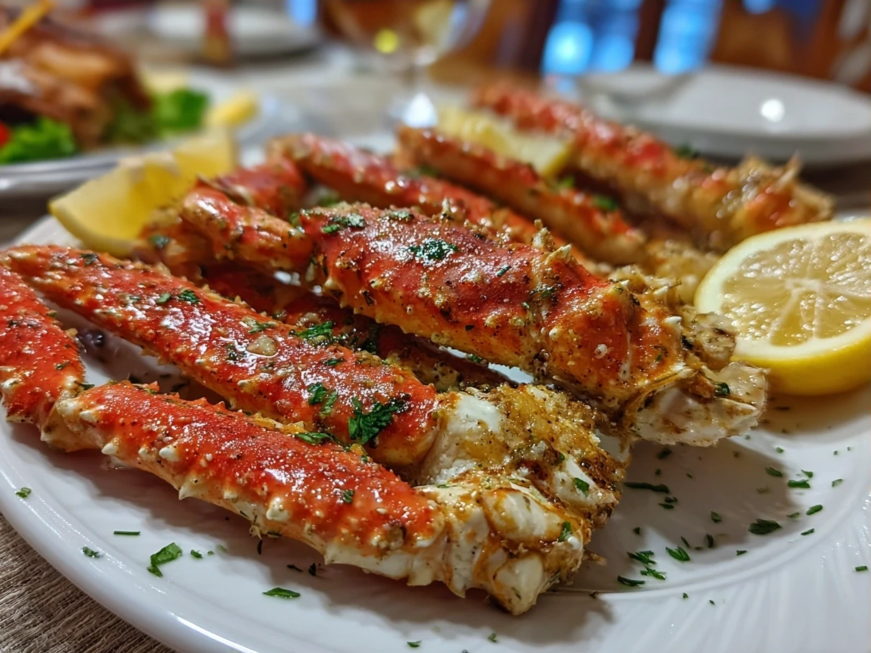Delicious oven baked snow crab legs served with butter and lemon.