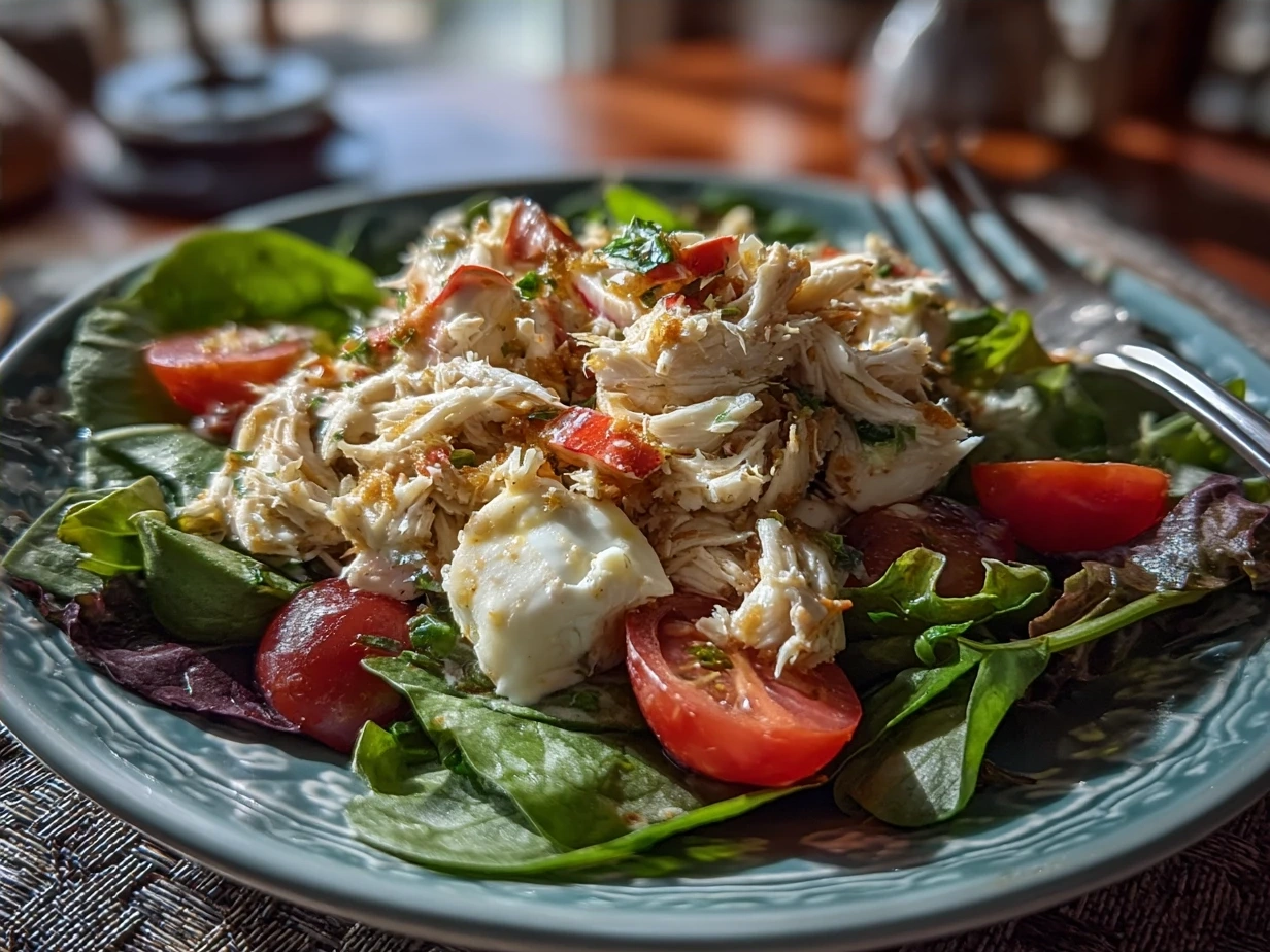 A serving of Paleo Crab Louie salad beautifully plated and ready to enjoy