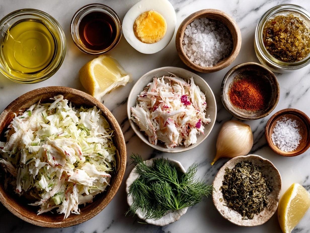 Ingredients for Paleo Crab Louie salad including fresh crab meat, romaime lettuce, avocado, eggs, and veggies