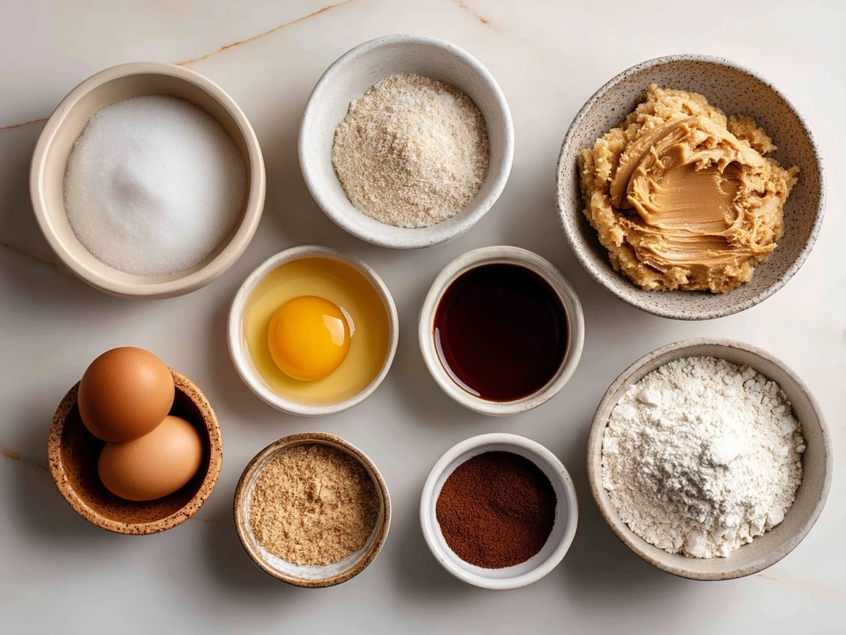 Ingredients laid out for peanut butter cookies including peanut butter, sugar, egg, baking soda and vanilla extract